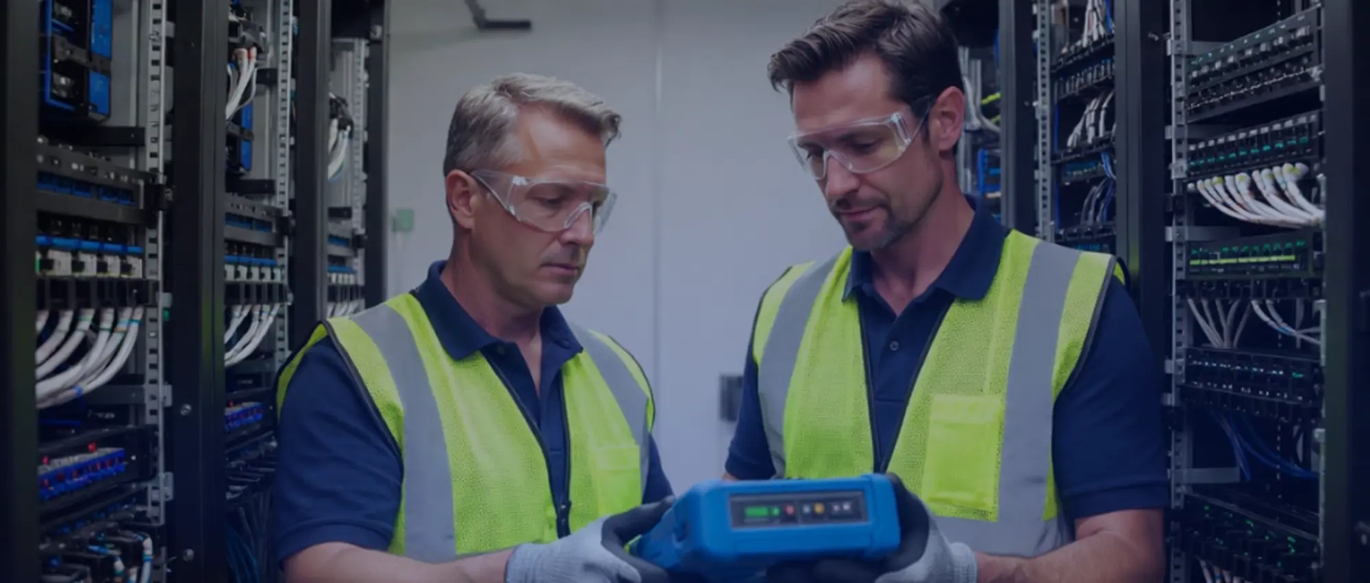 Electrical technicians using diagnostic equipment in server room for commercial electrician insurance coverage