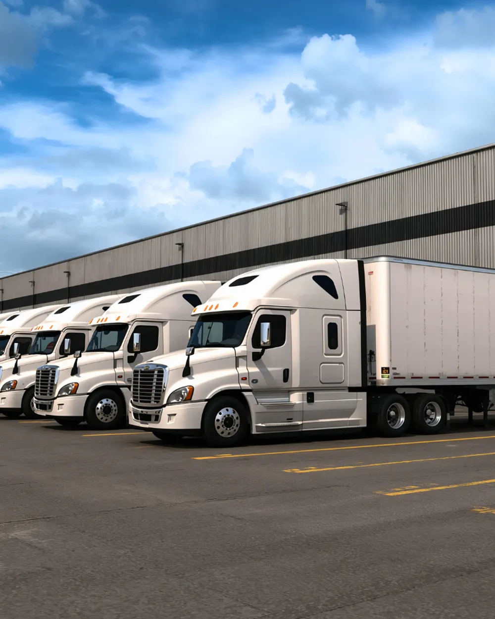 Fleet of modern white semi-trailer trucks parked at a logistics distribution center, illustrating commercial fleet insurance and transport operations.