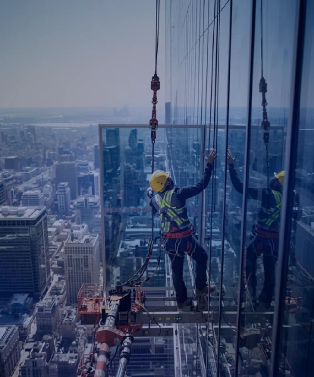 Commercial glazier installing large glass panel on high-rise building facade using safety harness and rigging equipment