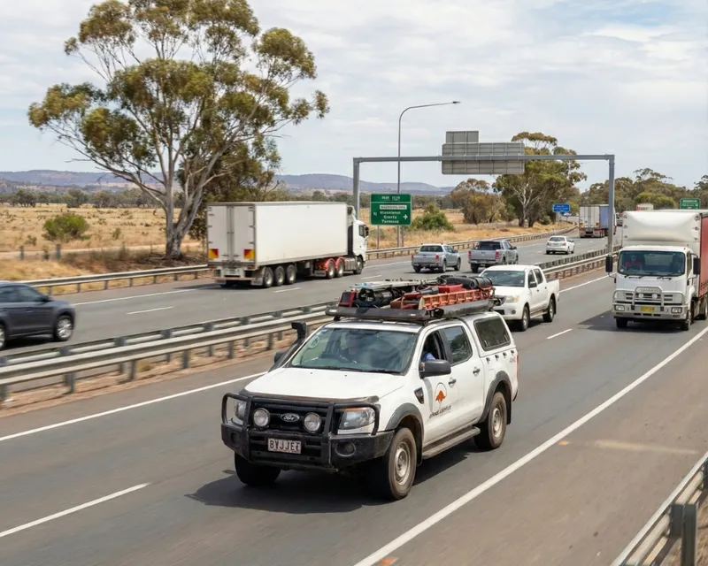A commercial tradesman’s ute and a large semi-trailer truck driving on an open highway, showcasing on-road protection for diverse commercial vehicles.