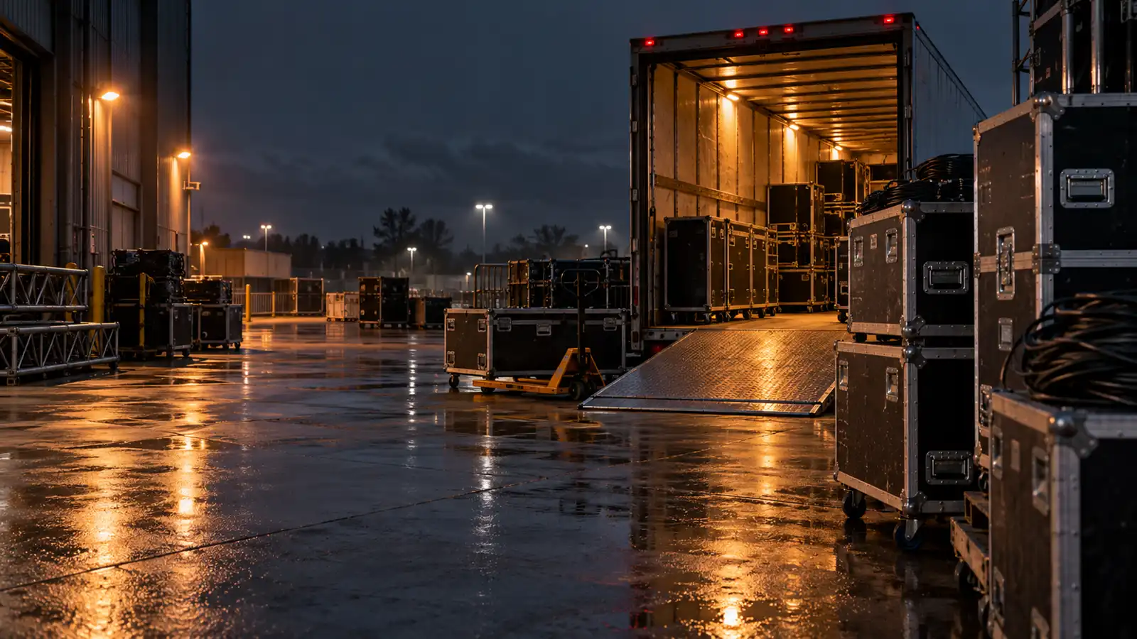 Touring road cases at a venue loading dock at night, concert tour insurance