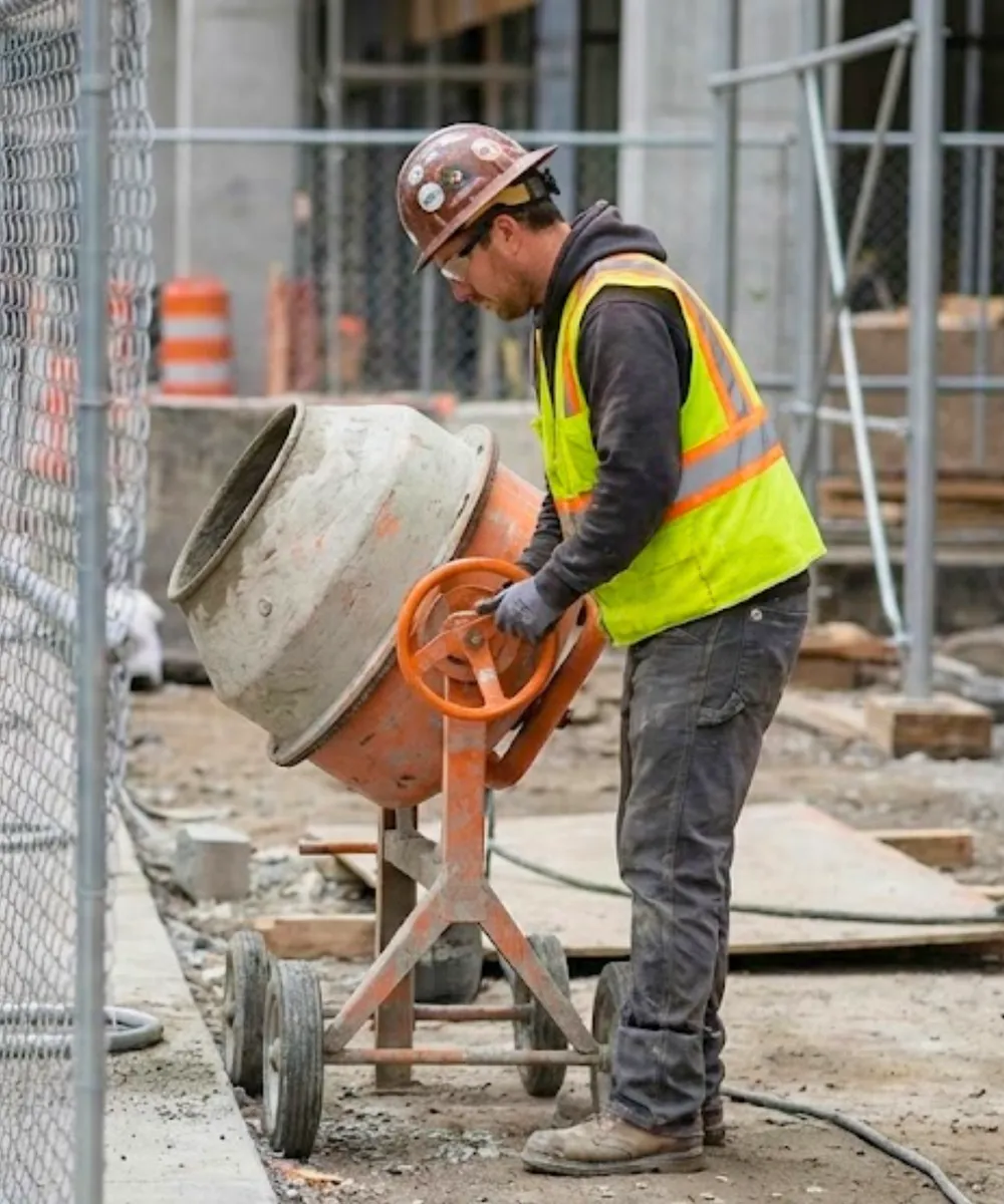 Construction worker in safety gear operating cement mixer on building site for tradesperson public liability insurance