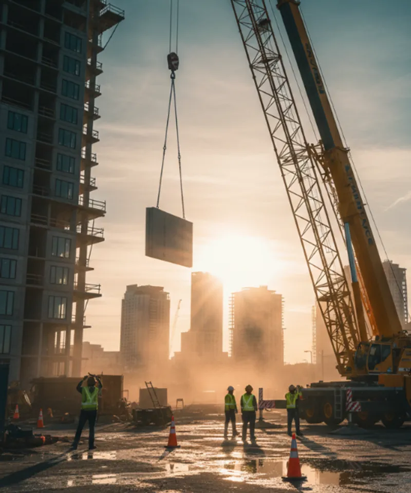 Construction workers overseeing crane lift operations – crane liability insurance