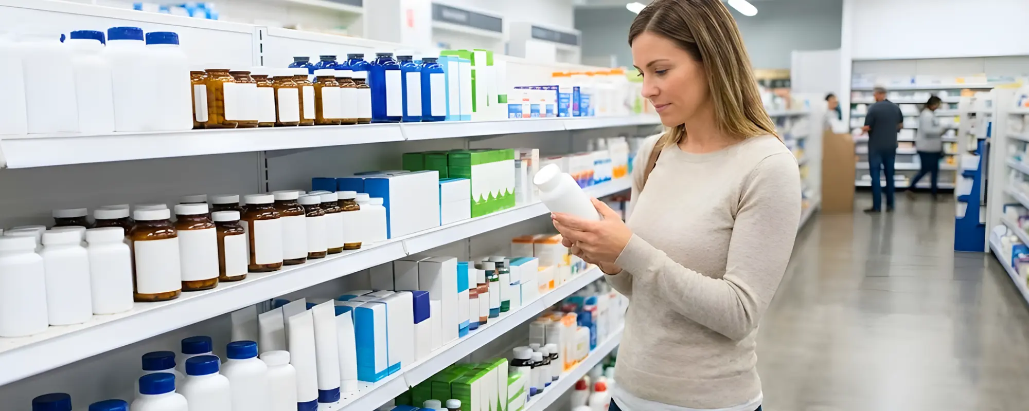 Customer browsing products in a well-stocked pharmacy aisle with medications and health supplies on shelves