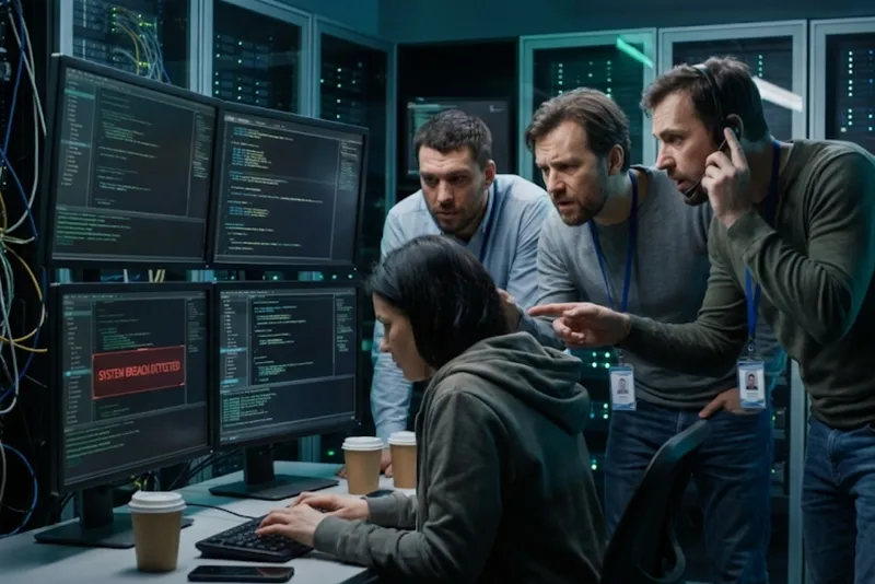 Cybersecurity response team in a control room reacting to a 'system breach detected' warning on a monitor, highlighting the need for incident response insurance.