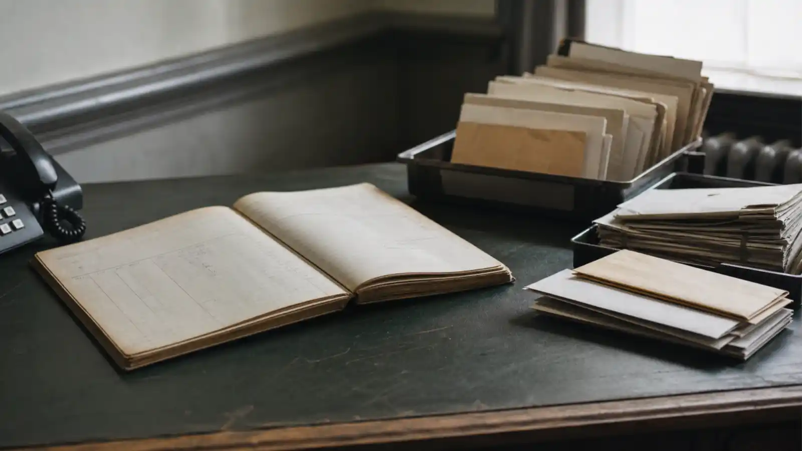 Ledger and sorted correspondence on an office desk, professional indemnity insurance for debt collectors