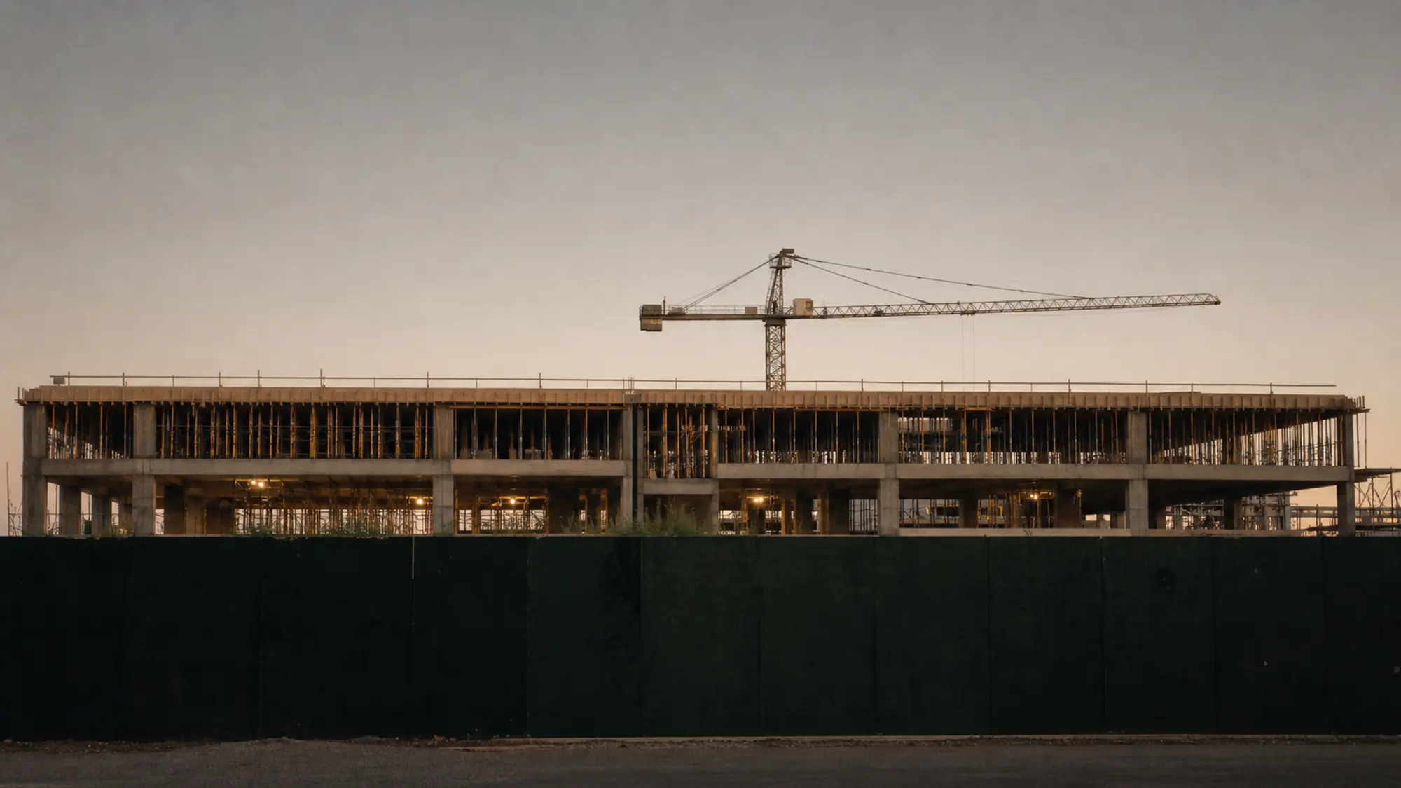 Concrete-frame building under construction at dusk, a project insured by design and construct insurance