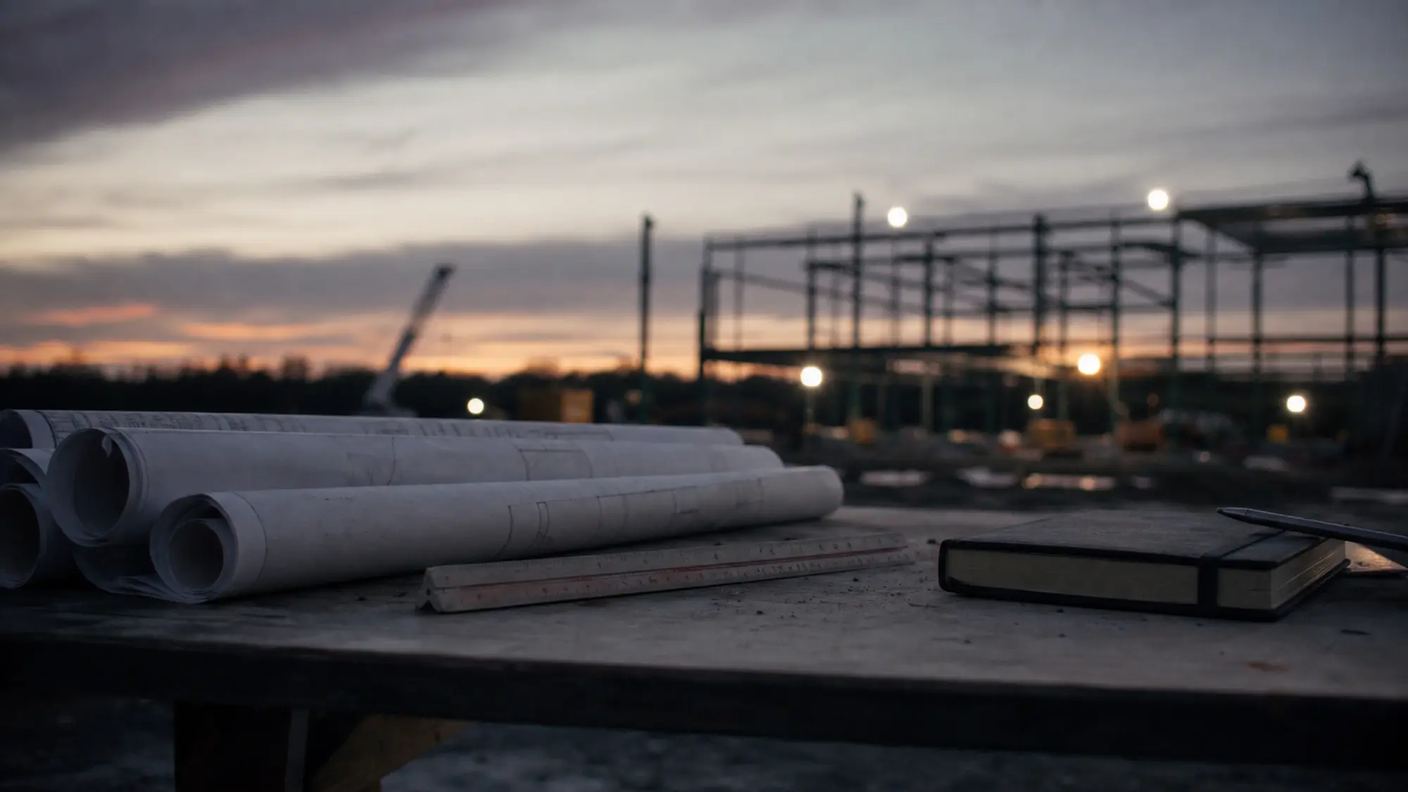 Structural drawings on a site table at dusk, what design and construct insurance costs to cover