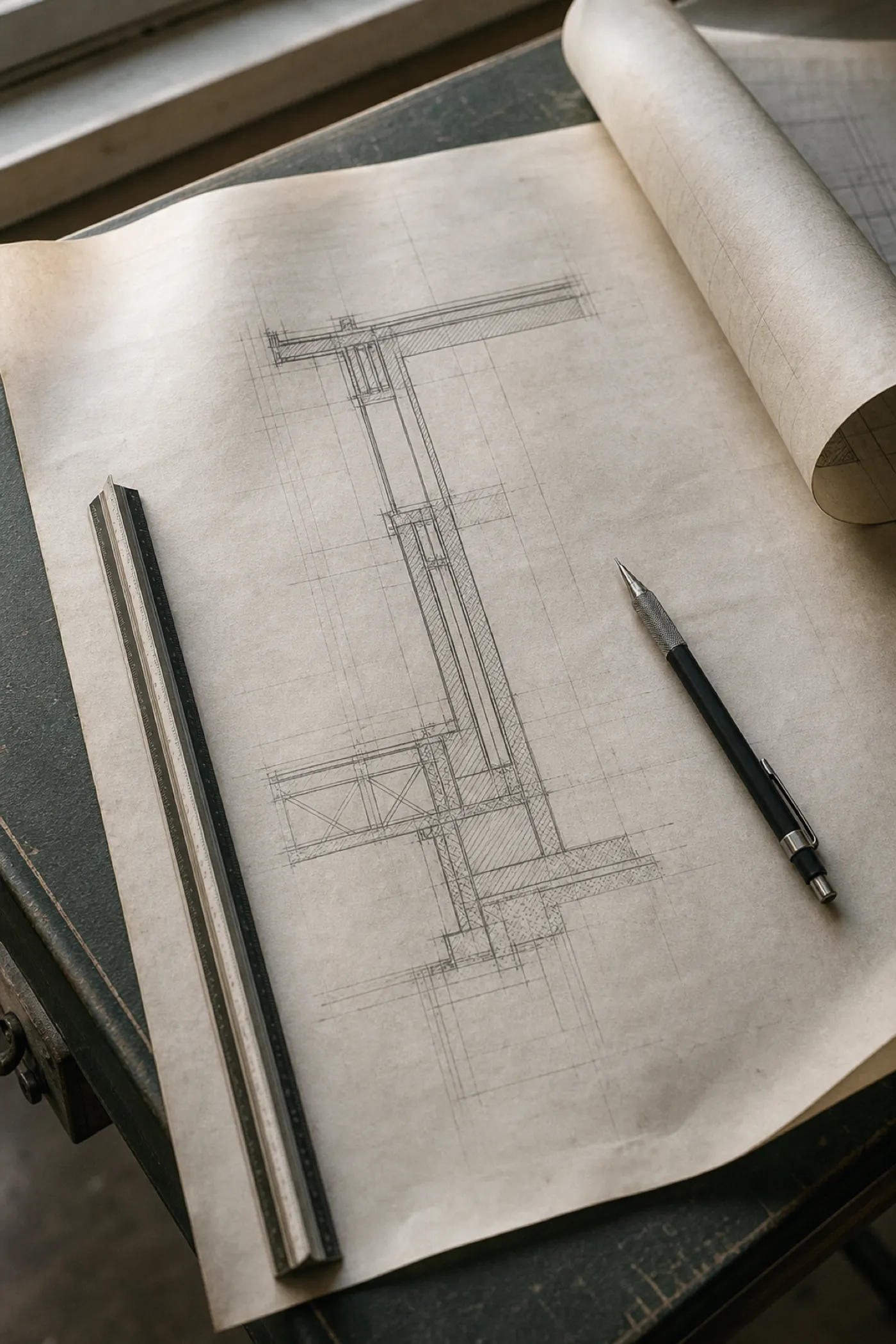 Structural detail drawing and scale ruler on a drafting board, design work insured under design and construct cover