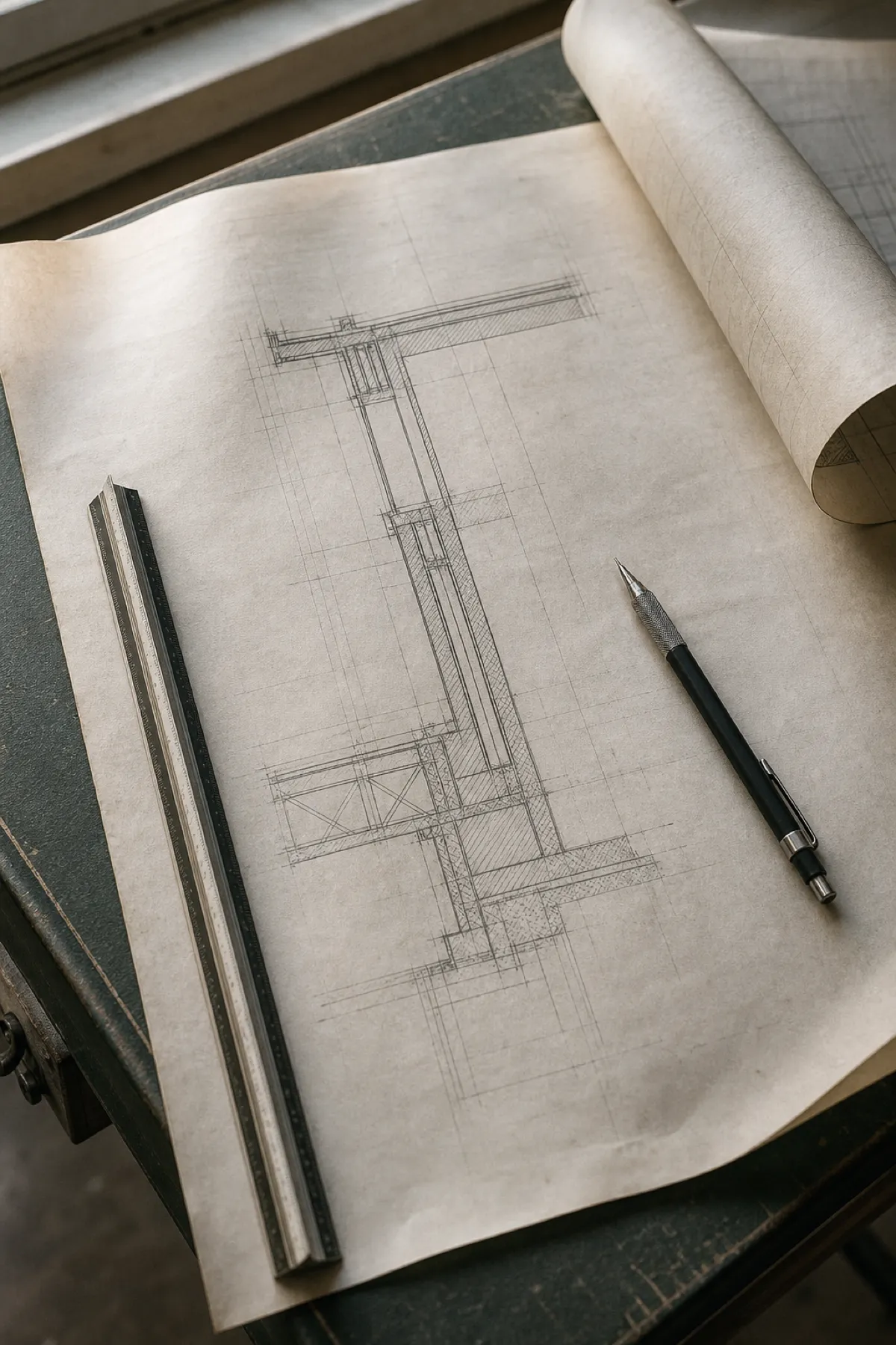Structural detail drawing and scale ruler on a drafting board, design work insured under design and construct cover