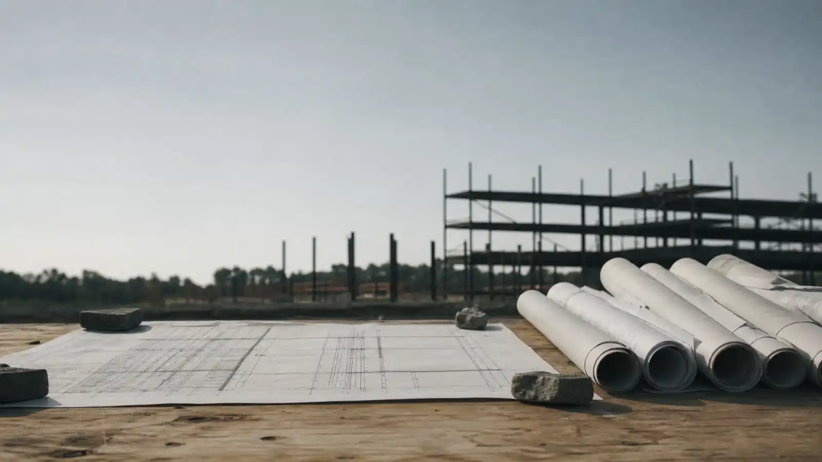Structural drawings on a site table before a steel frame build, the design risk covered by design and construct insurance