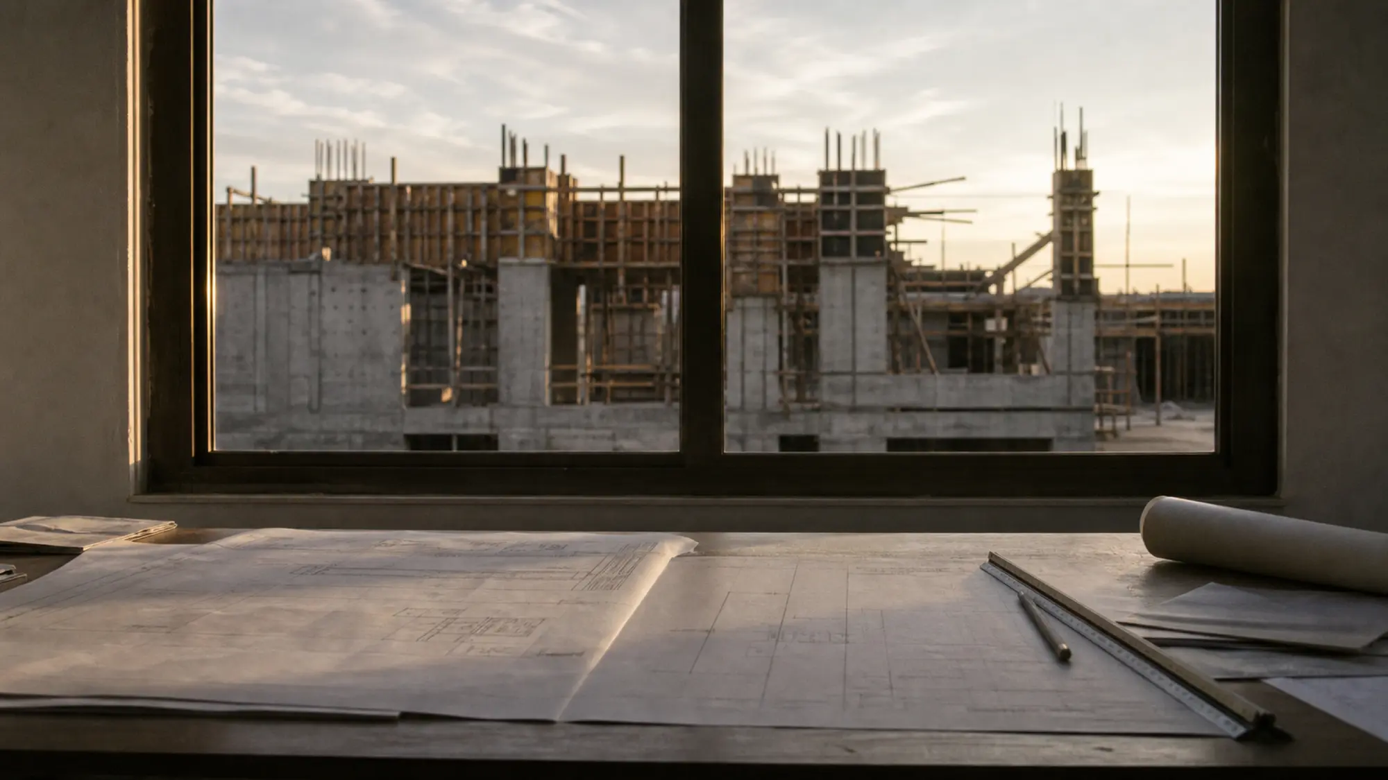 Drafting desk overlooking a construction site, design and construct insurance vs professional indemnity