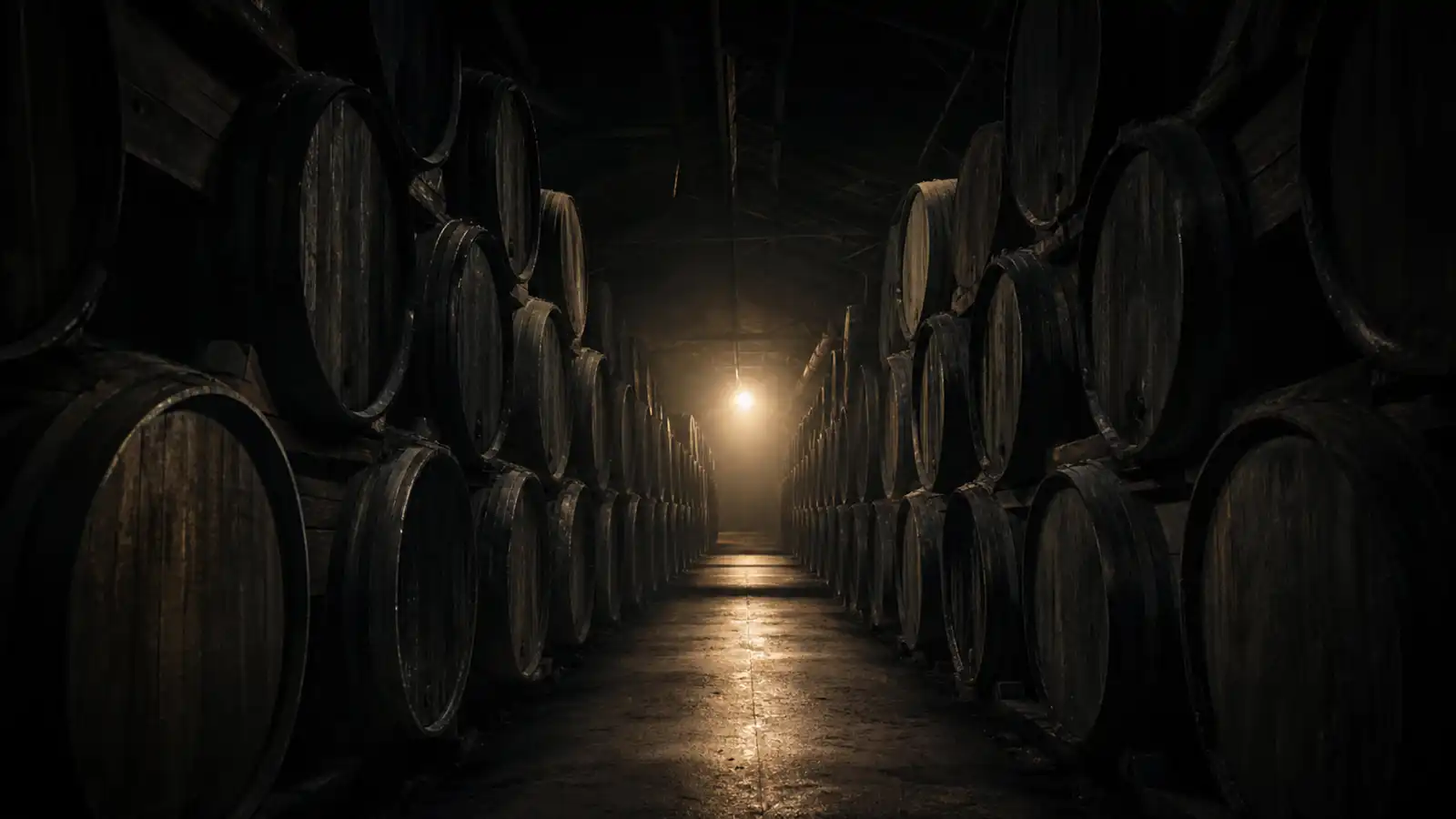 Oak barrels stacked in a distillery barrel store at dusk, distillery tour insurance in Australia