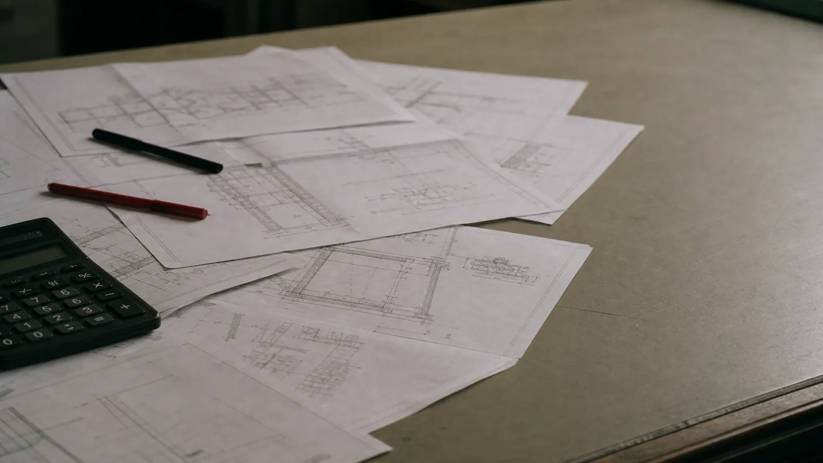 Detail drawings and pens on a plan table - design documentation risk