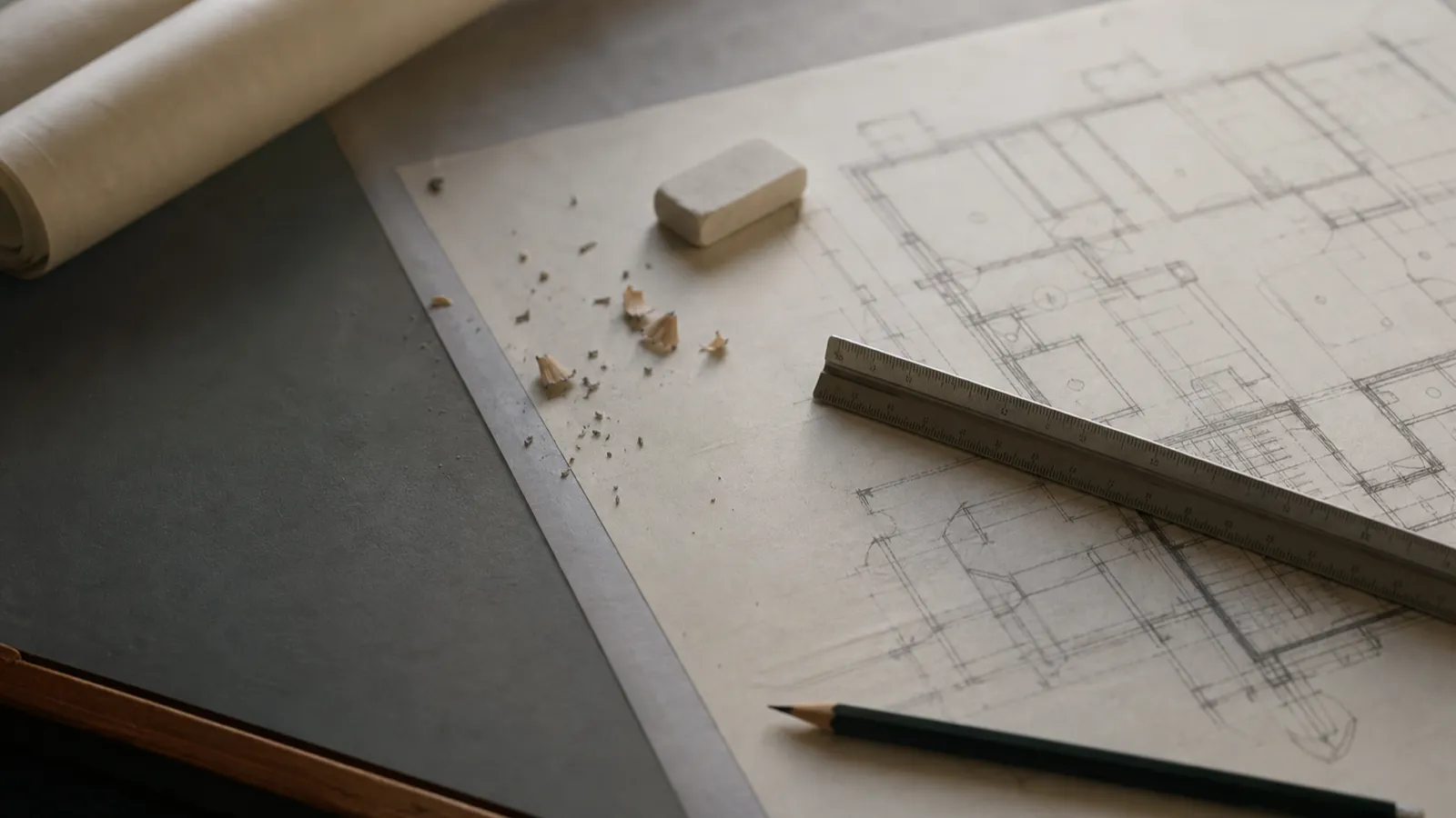 Hand-drafted floor plan with scale rule, draftsperson professional indemnity insurance