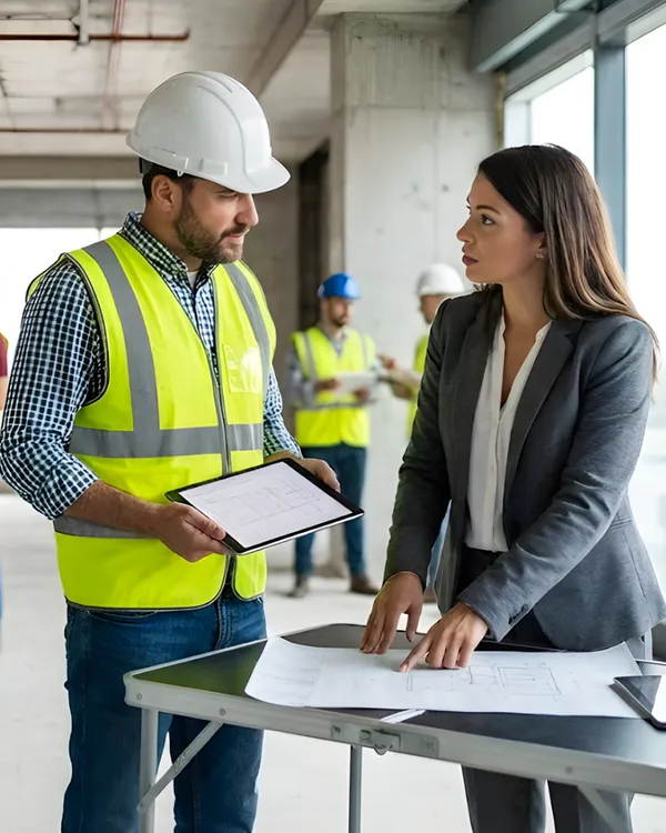 Electrical engineer consulting with client on construction site reviewing project blueprints and digital plans on tablet