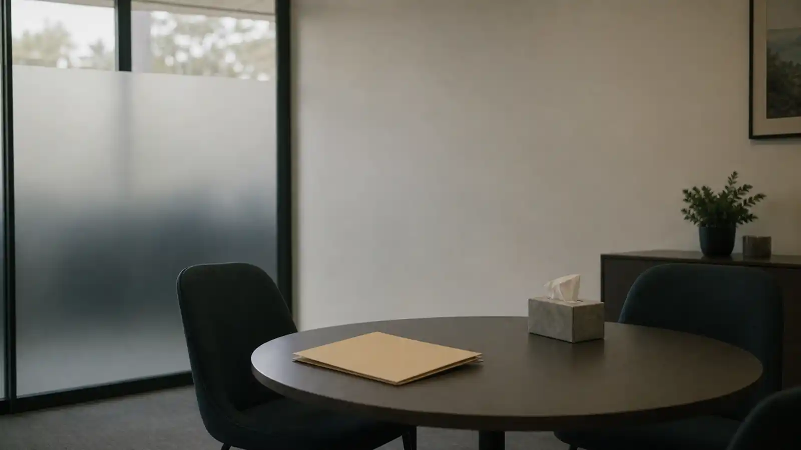 Empty HR meeting room with a personnel file on the table, the setting for employment practices liability insurance claims