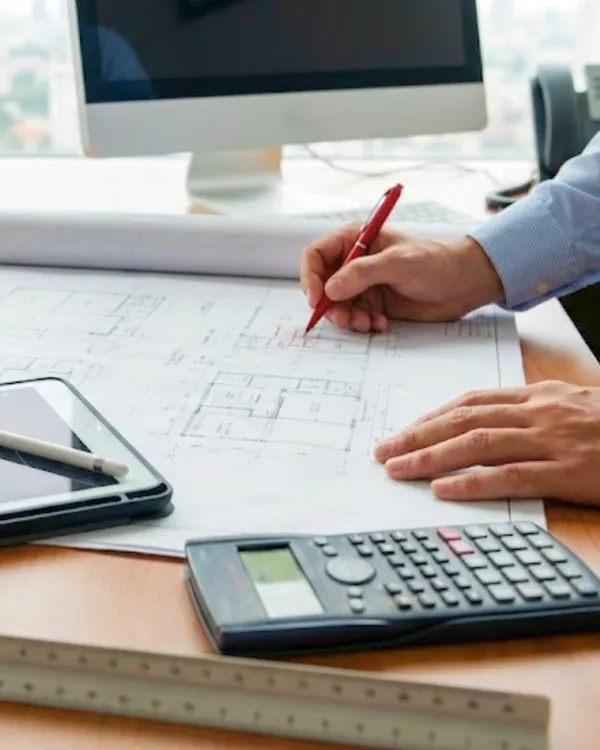 Professional engineer annotating architectural design plans with red pen in office setting with calculator and digital tablet