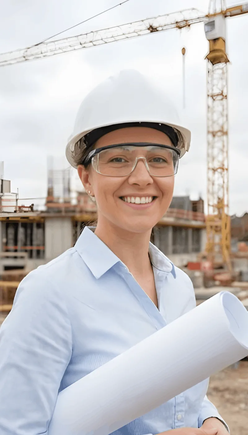 Smiling female engineer wearing hard hat and safety glasses holding rolled blueprints at a construction site with crane in background