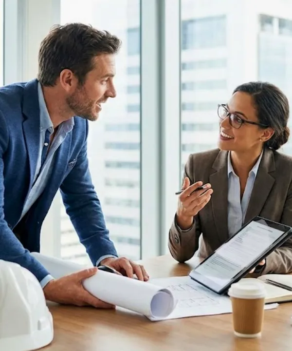 Two construction engineers wearing hard hats collaborating on project plans at active building site with excavator and materials