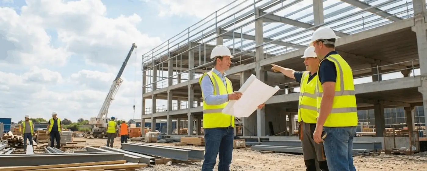 Construction engineers reviewing architectural blueprints and discussing structural plans at a commercial steel-frame building site