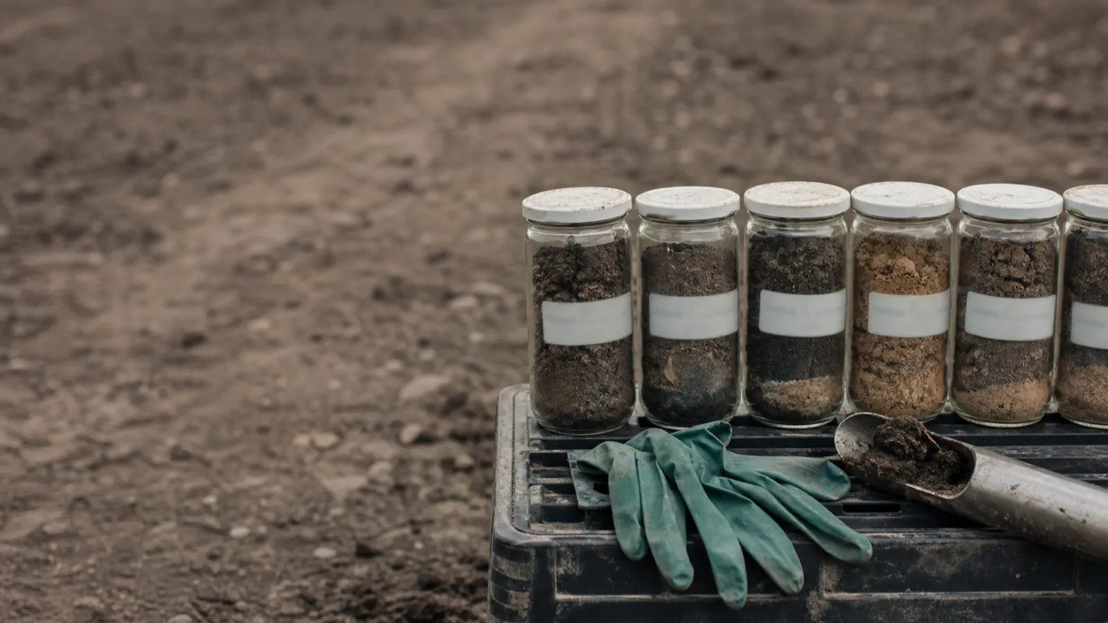Soil core samples in jars beside an auger, environmental consultant PI insurance