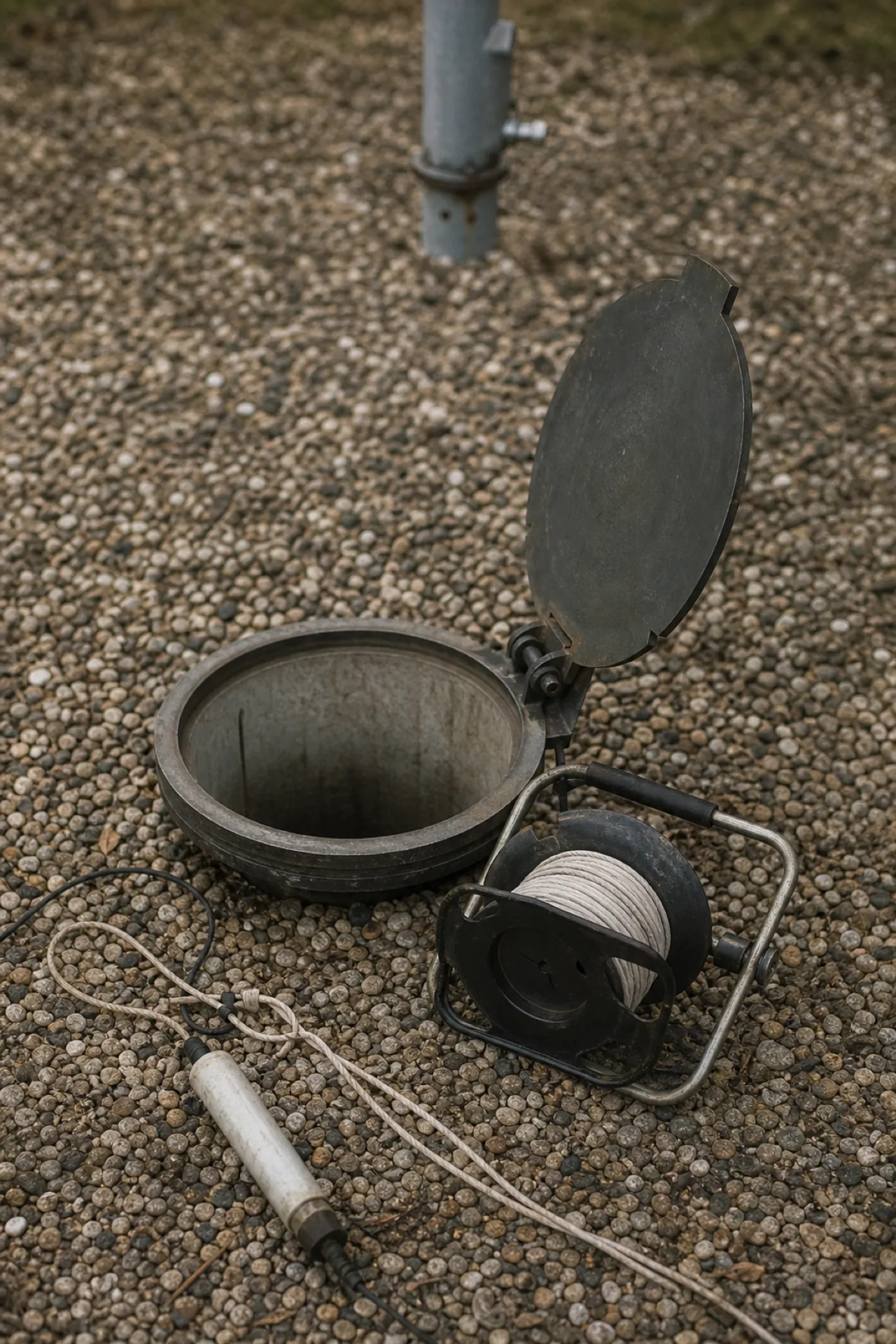 Groundwater monitoring well and probe reel - PI cover for environmental engineers