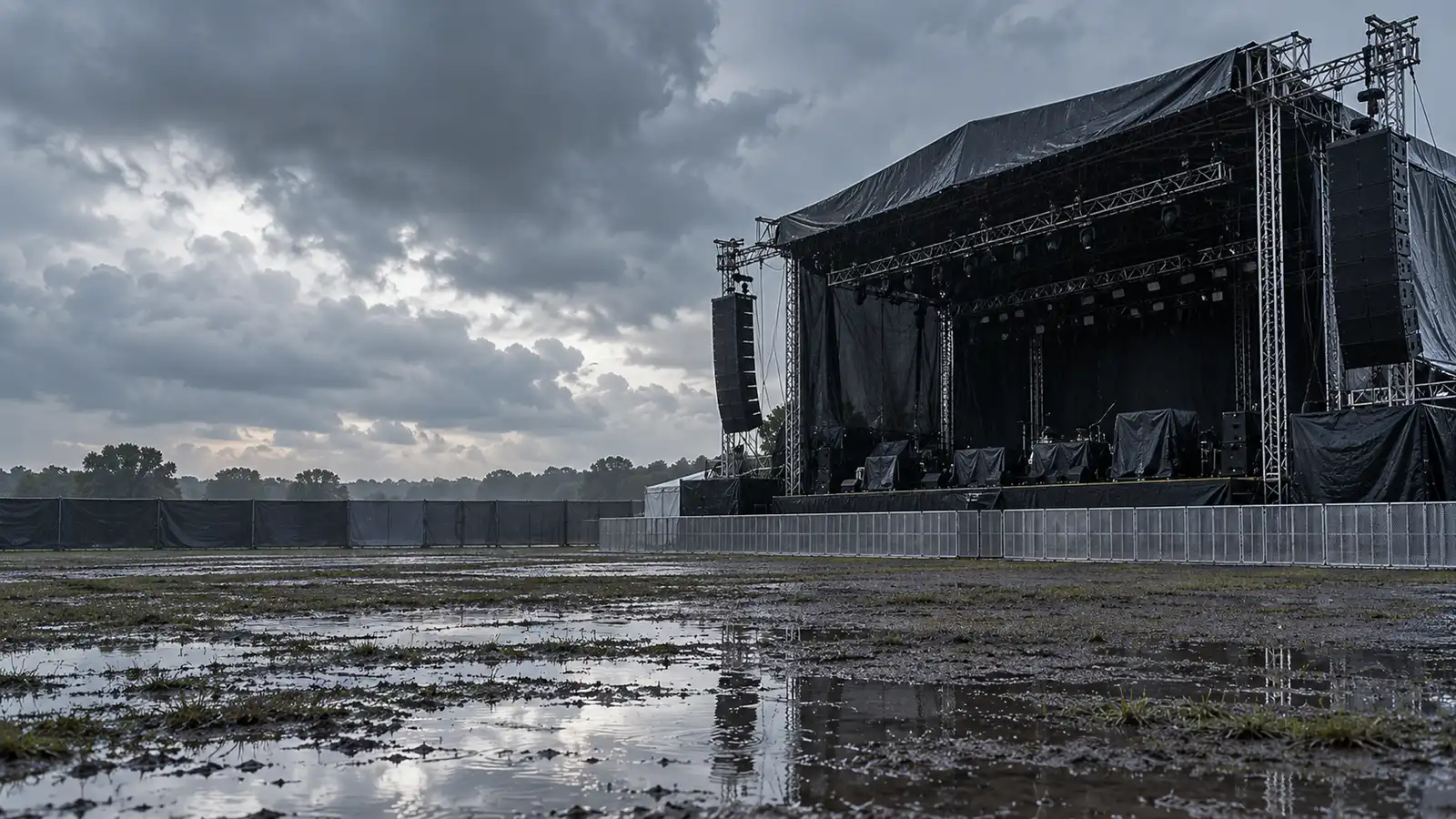 Outdoor stage covered in tarps under heavy rain, representing event cancellation insurance