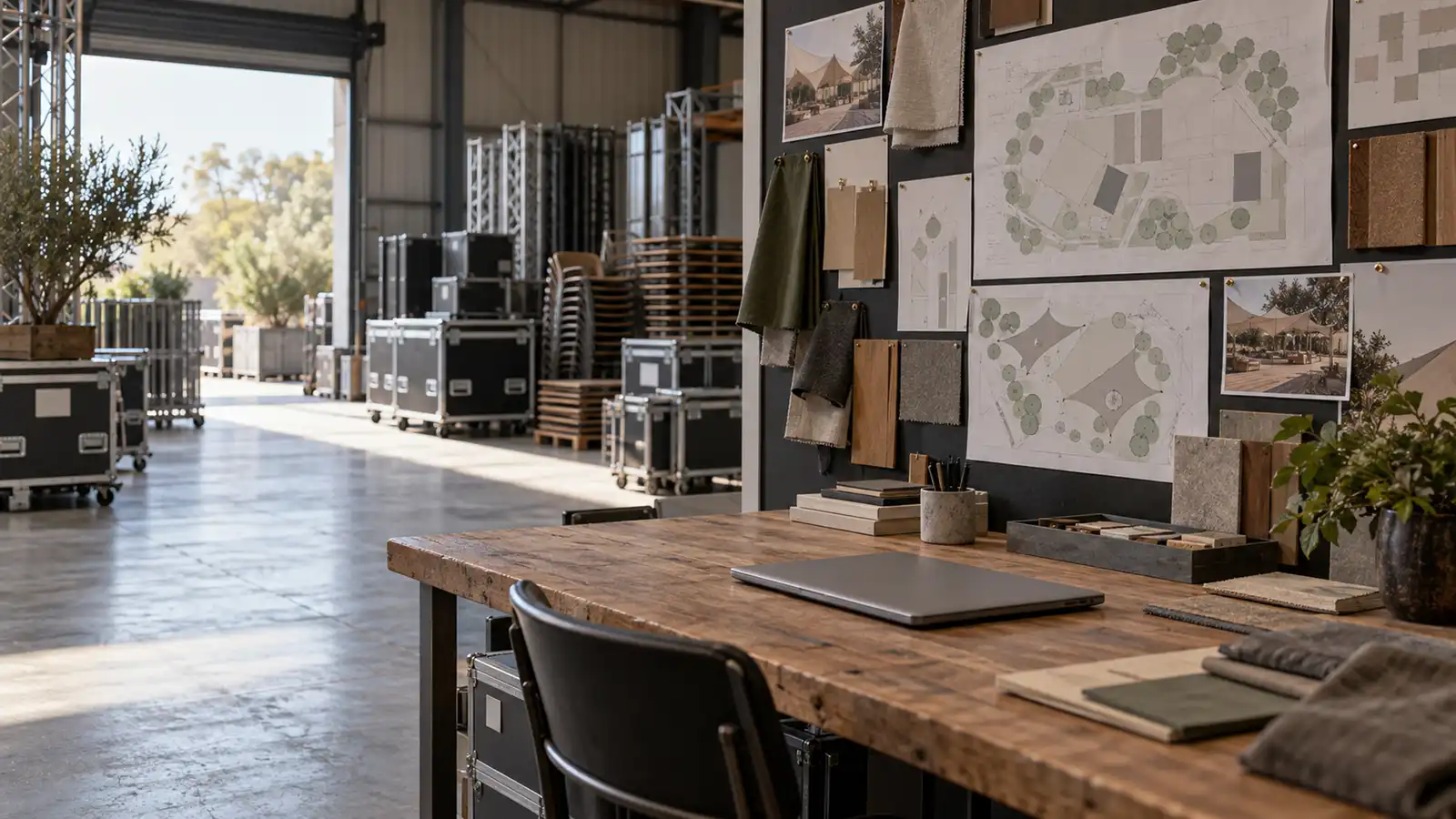 Event production warehouse office with planning wall, event management and organiser insurance