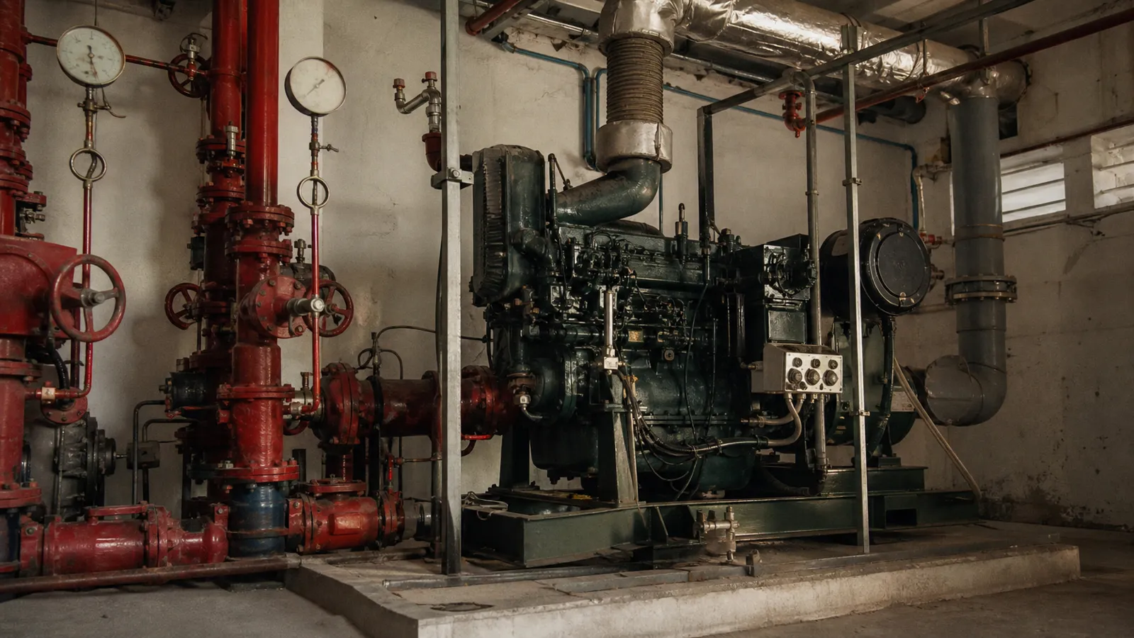Fire pump room with valve sets and gauges - fire safety engineering risk