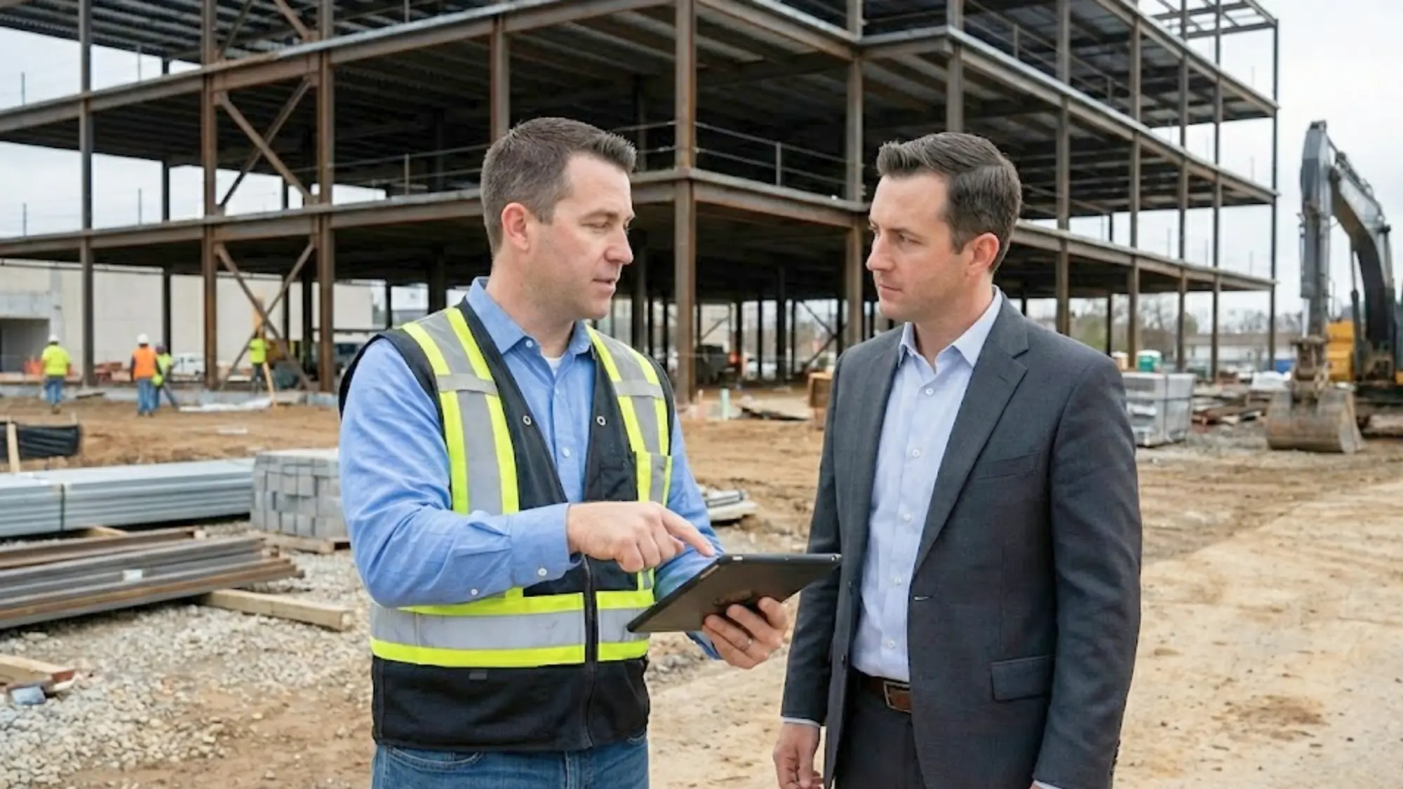 Engineer in safety vest discussing insurance costs with broker on commercial construction site with steel frame building