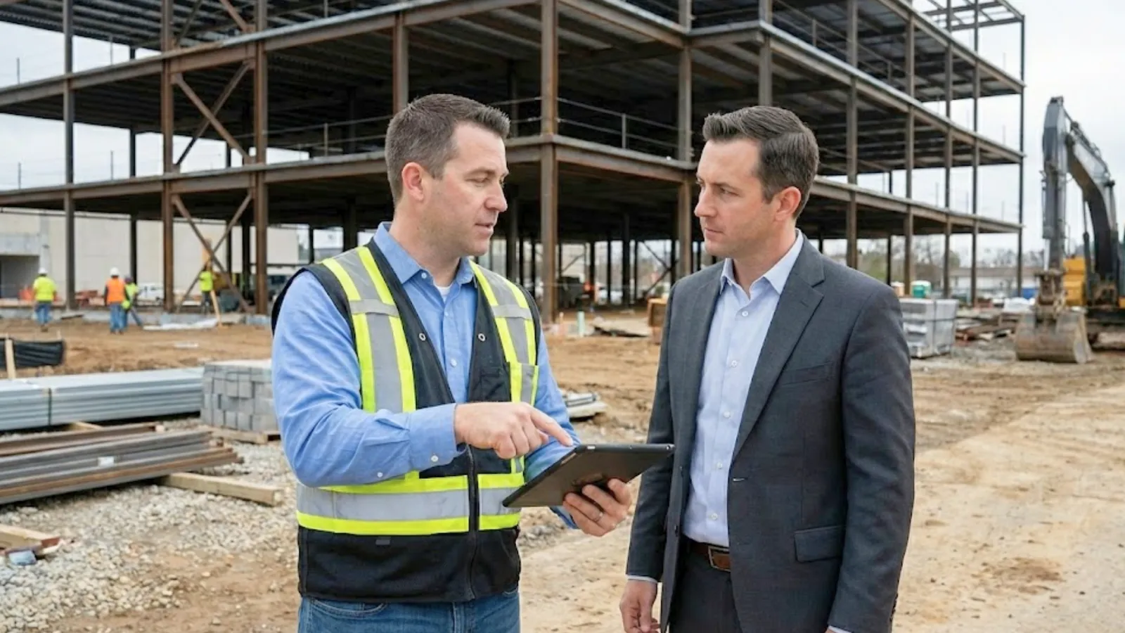 Engineer in safety vest discussing insurance costs with broker on commercial construction site with steel frame building