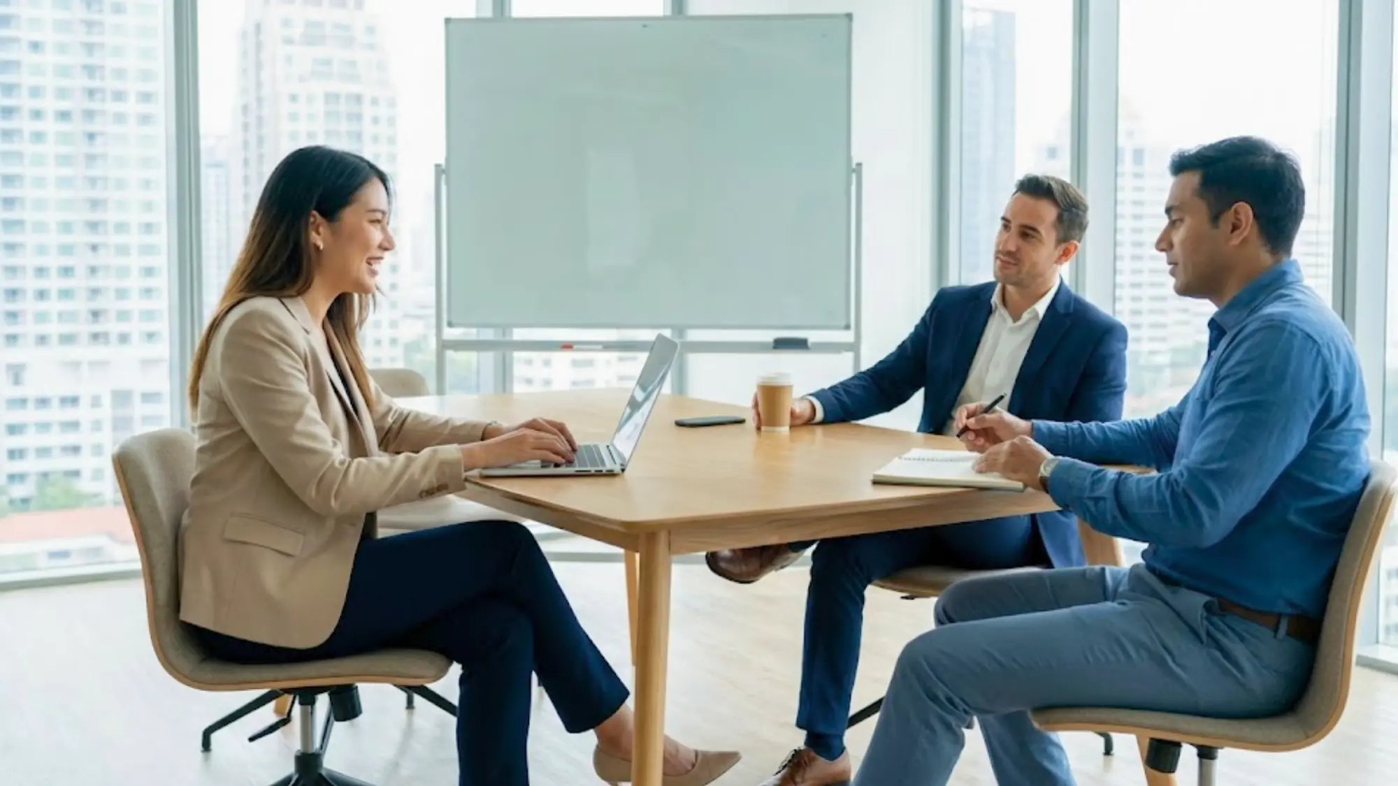 Management consultants meeting with client in modern office discussing business strategy