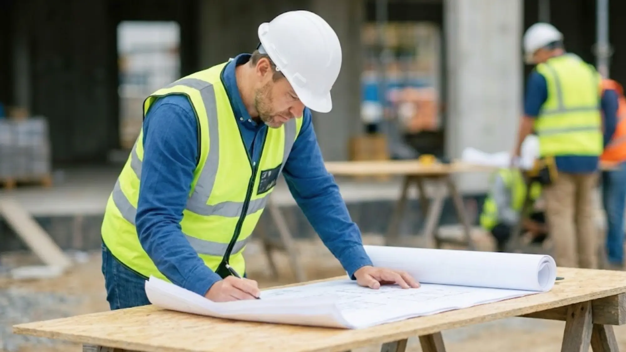 Construction professional reviewing blueprints on building site