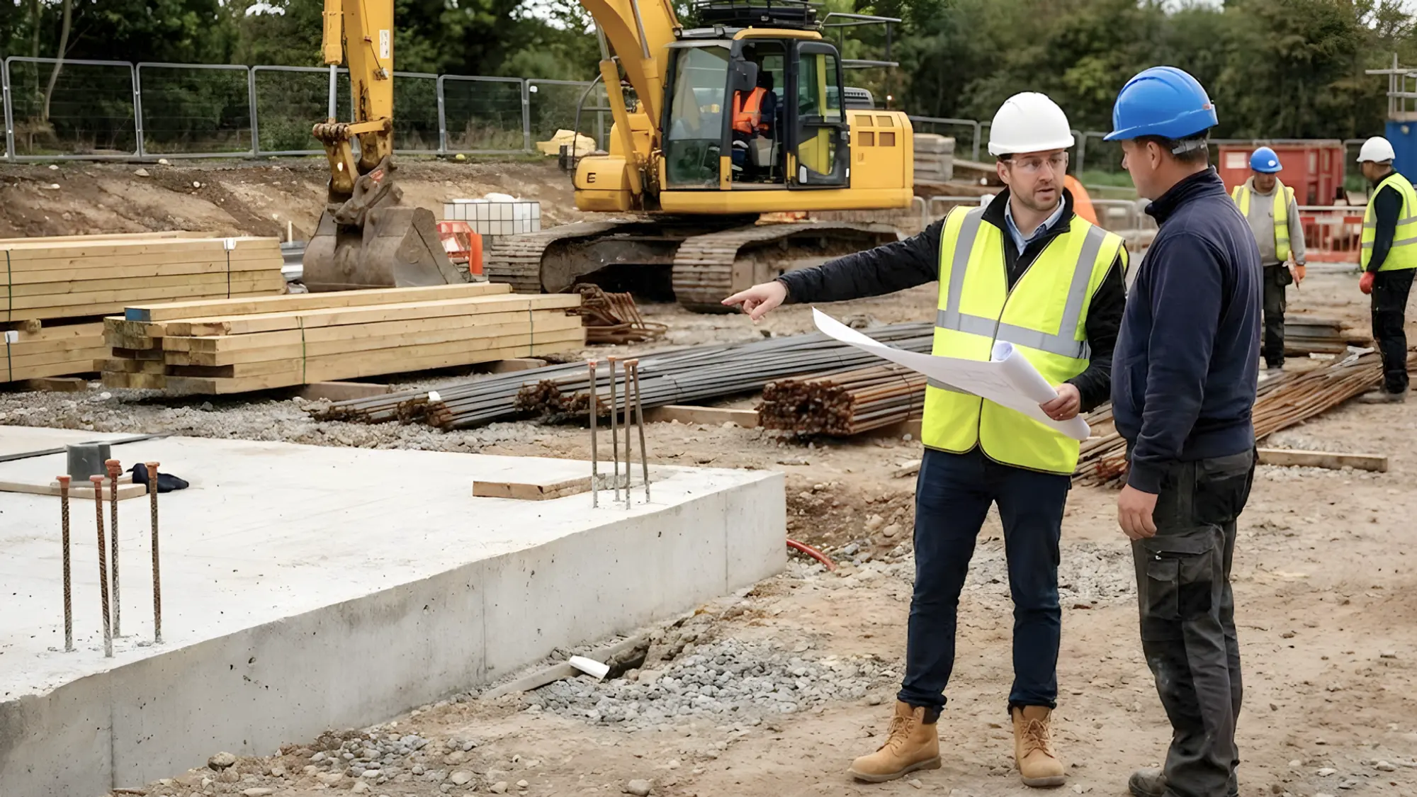 Engineers on construction site discussing plans