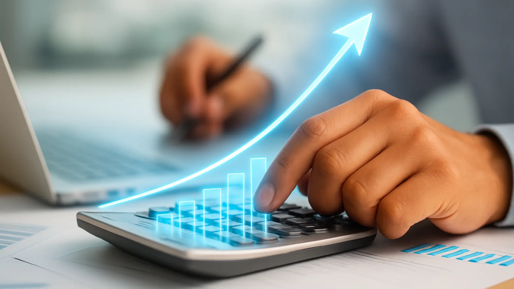 Close-up of a calculator with a digital overlay of a rising bar chart, symbolising insurance premium cost-benefit analysis.