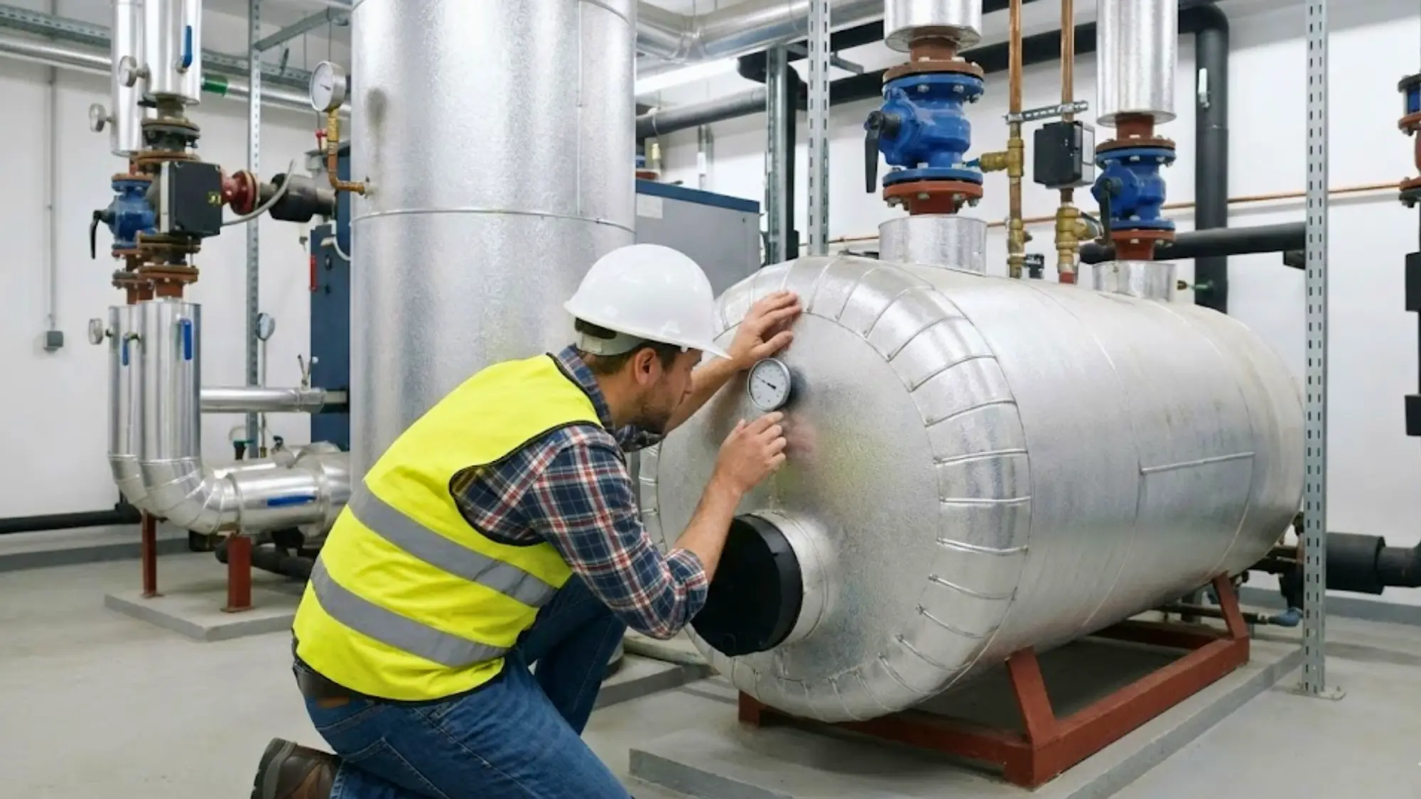 Mechanical engineer inspecting boiler pressure gauge and thermal systems in commercial plant room