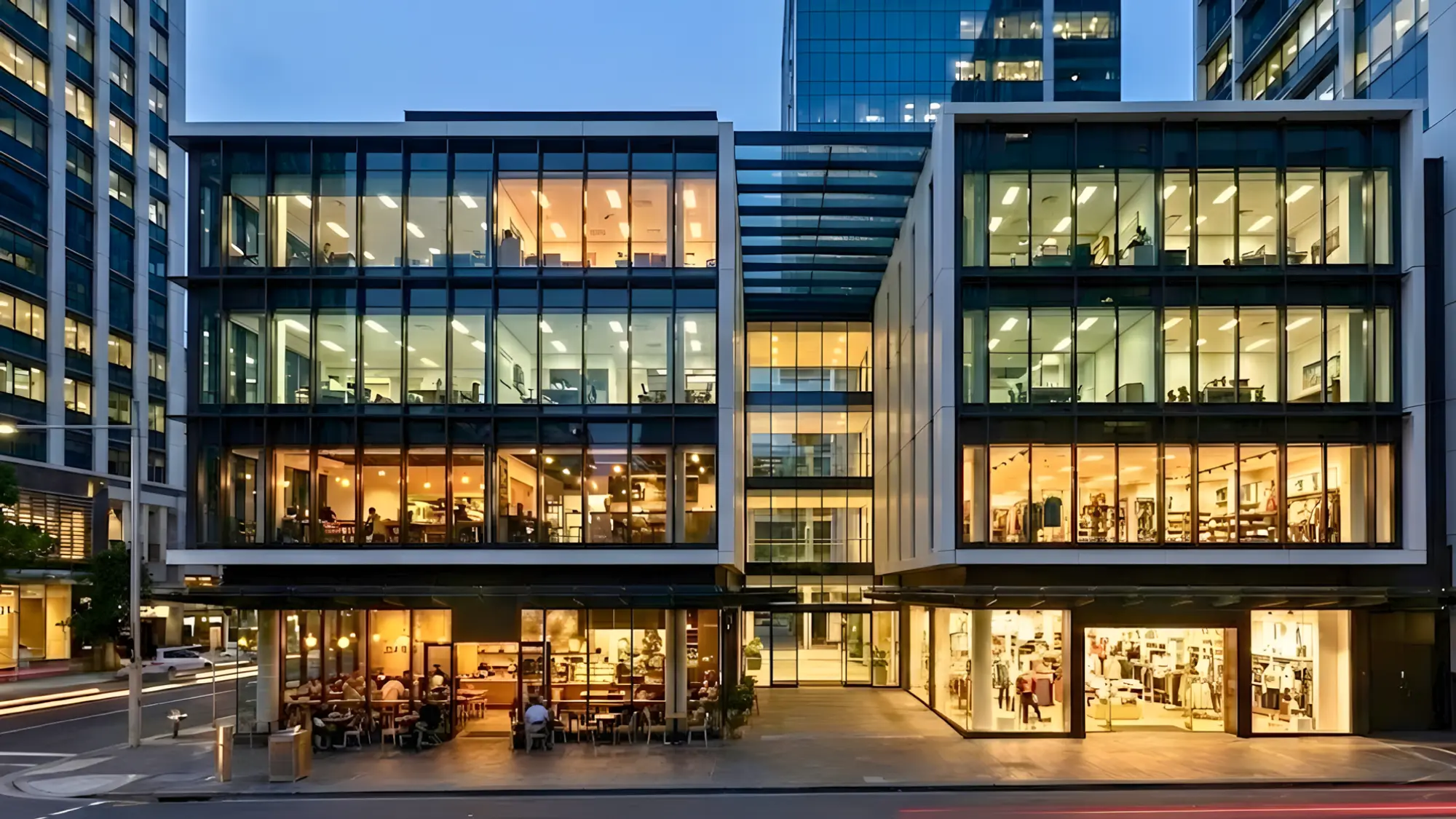 Illuminated modern mixed-use commercial building featuring retail shops and office spaces at twilight.