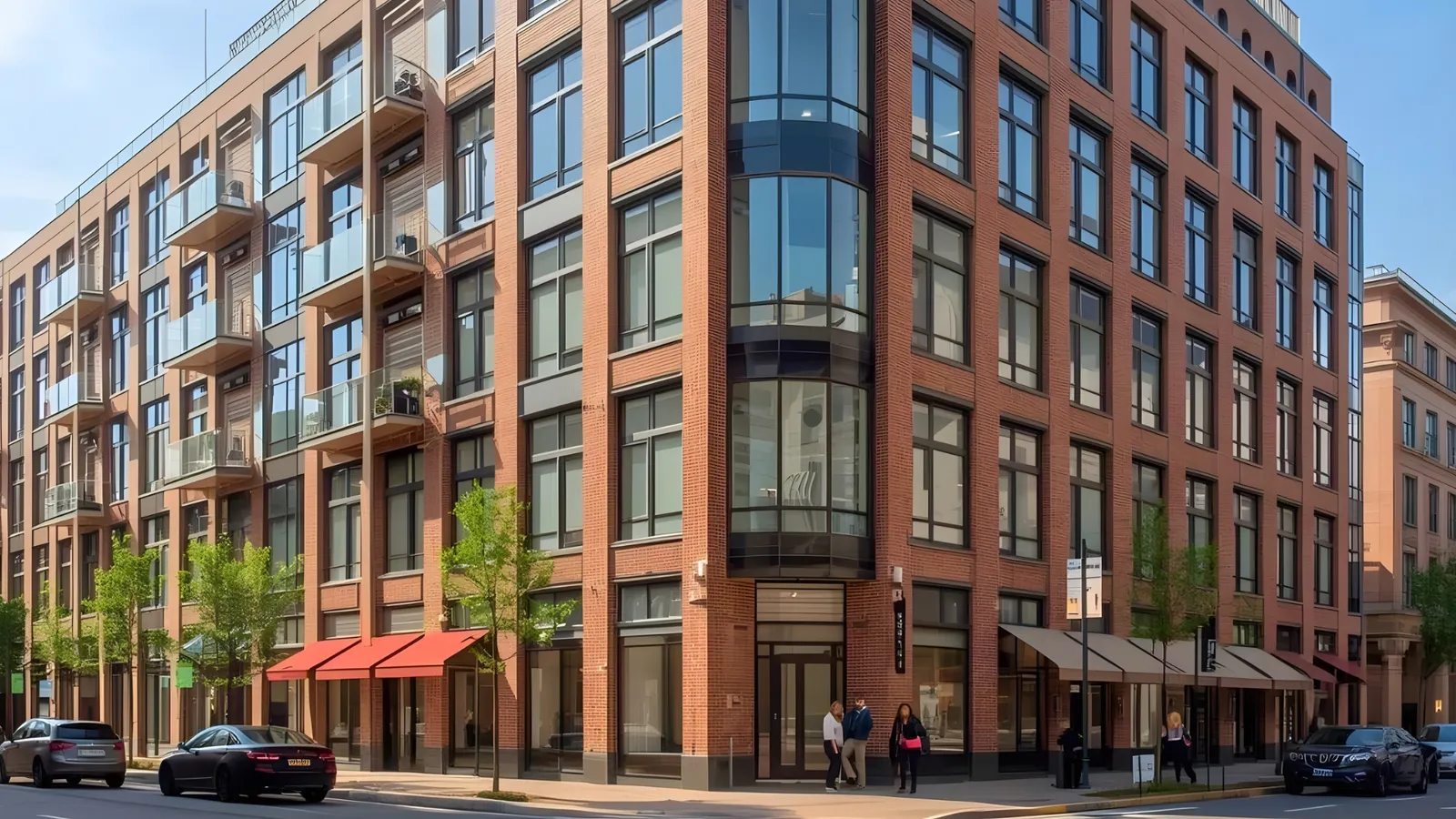 Aerial perspective of a large urban mixed-use complex featuring a swimming pool, park area, and a blend of commercial and residential architecture.