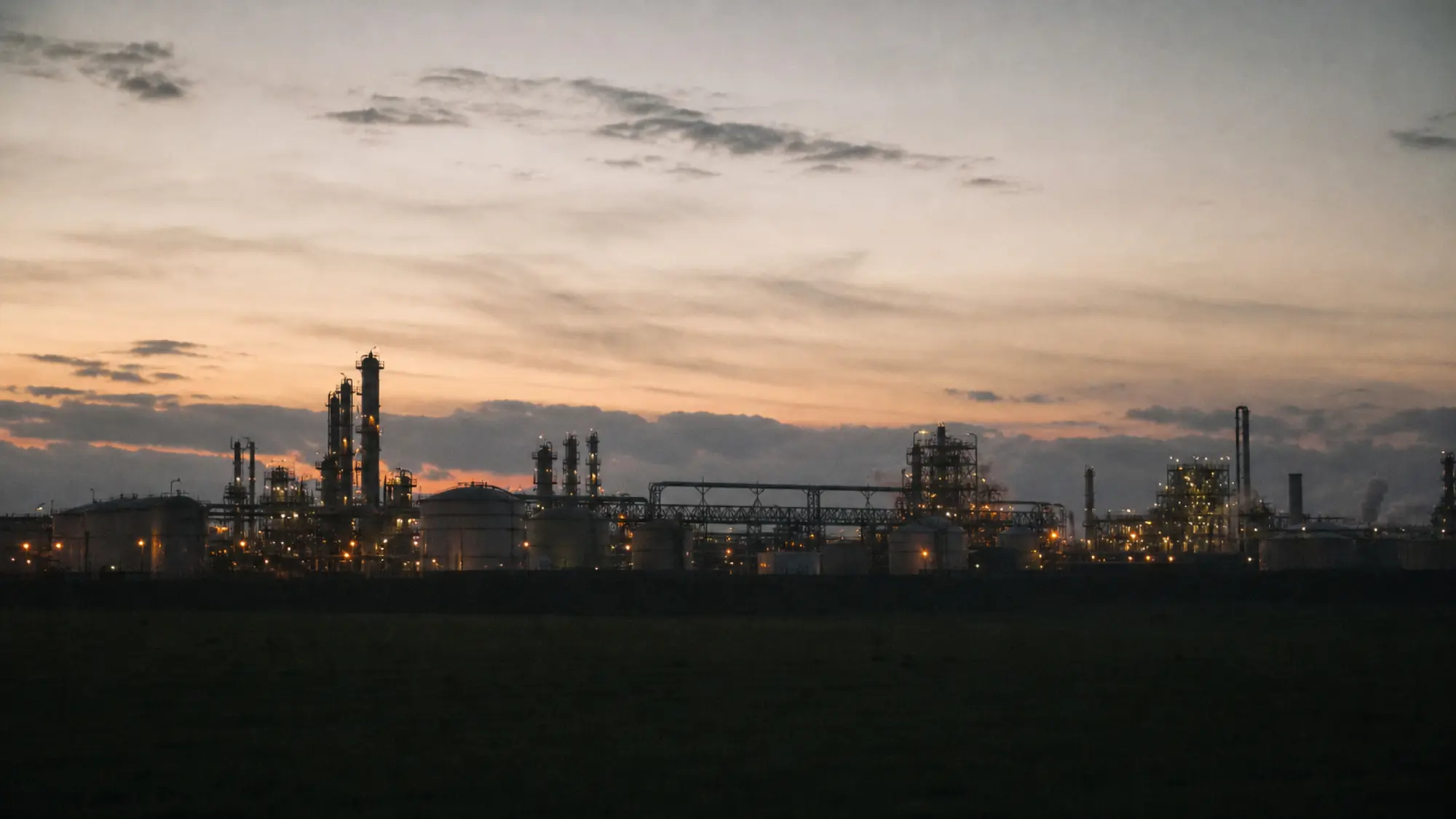 Processing facility skyline at dusk - insurance for petroleum engineering consultants