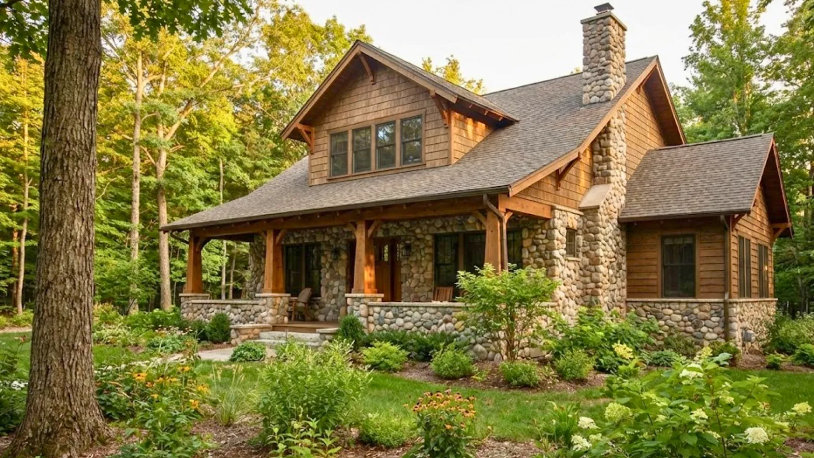 Rustic craftsman style cabin with stone foundation in a high-risk bushfire or wooded area needing specialist insurance.