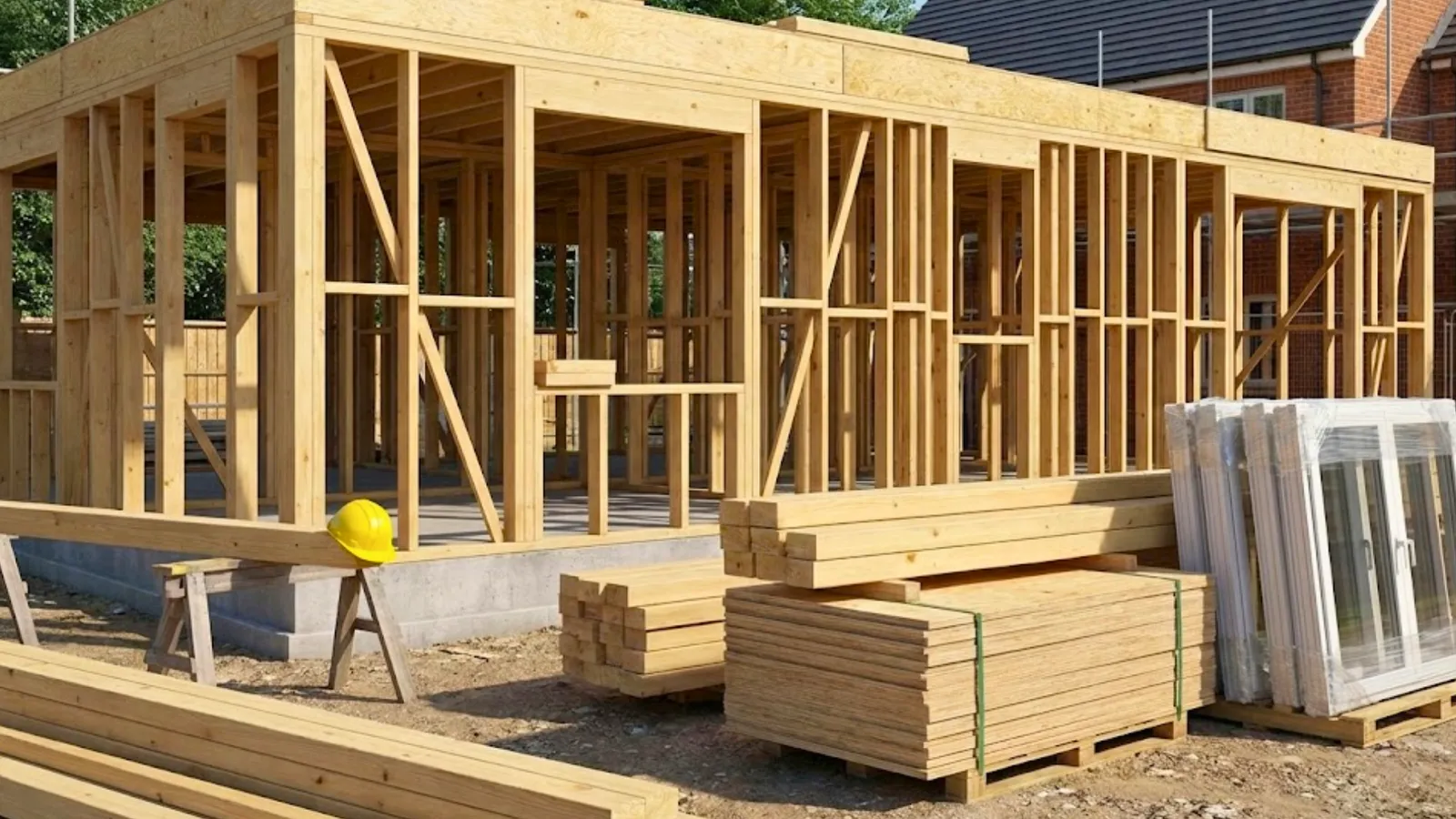 Single-storey home timber frame construction with stacked building materials and windows - contract works insurance coverage