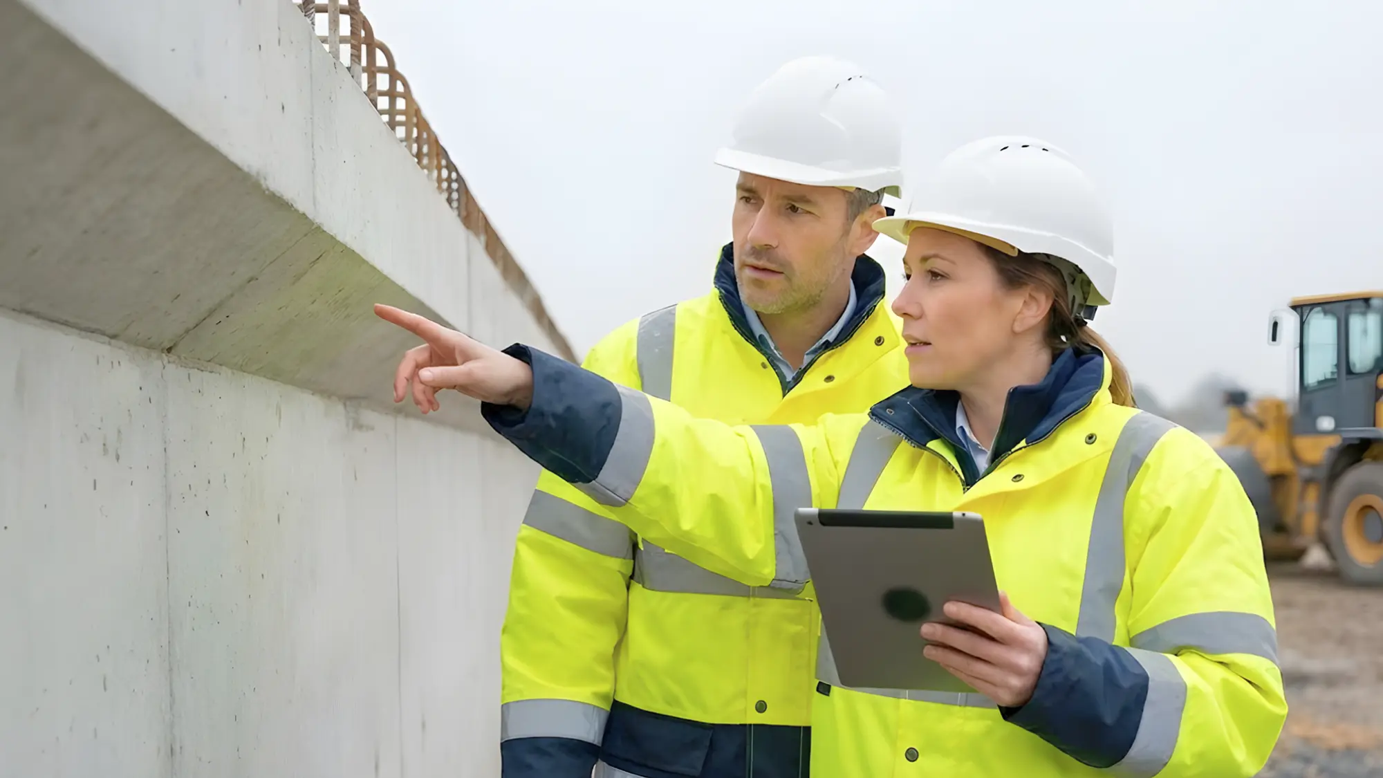 Two engineers in high-visibility safety gear inspecting concrete structure on construction site with digital tablet for quality assessment