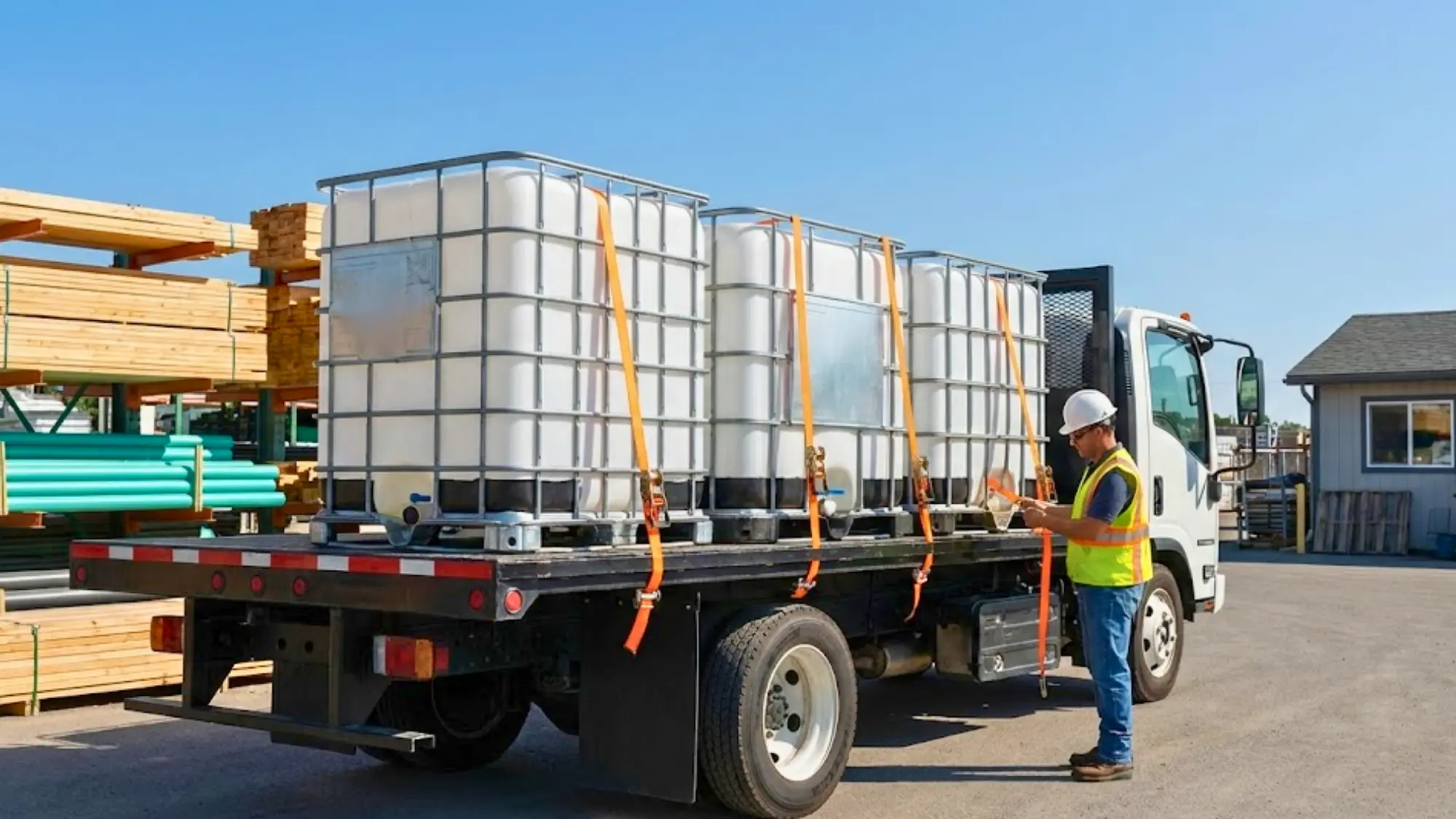 Worker securing IBC containers with ratchet straps on flatbed truck at building supplies yard