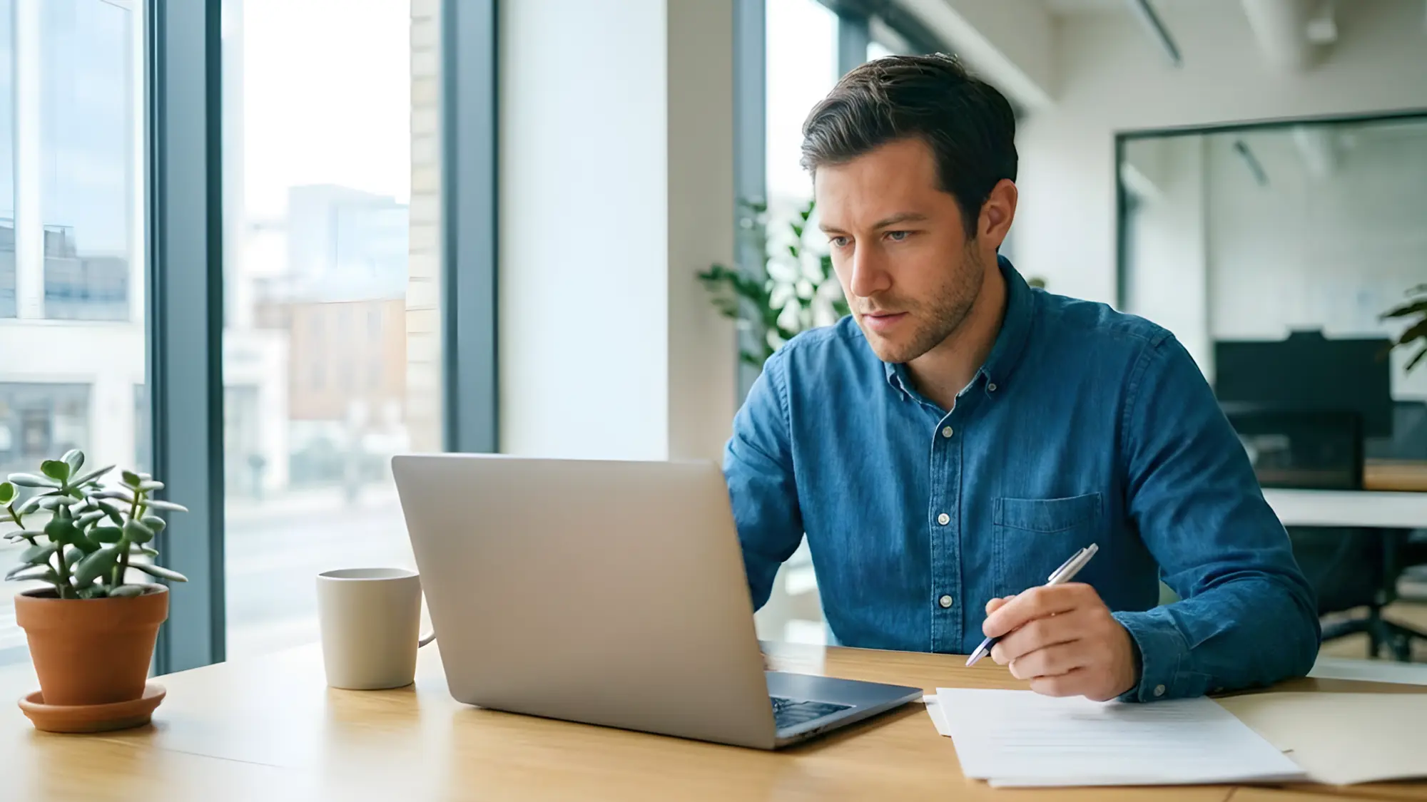 Business consultant reviewing documents and working on laptop in modern office environment