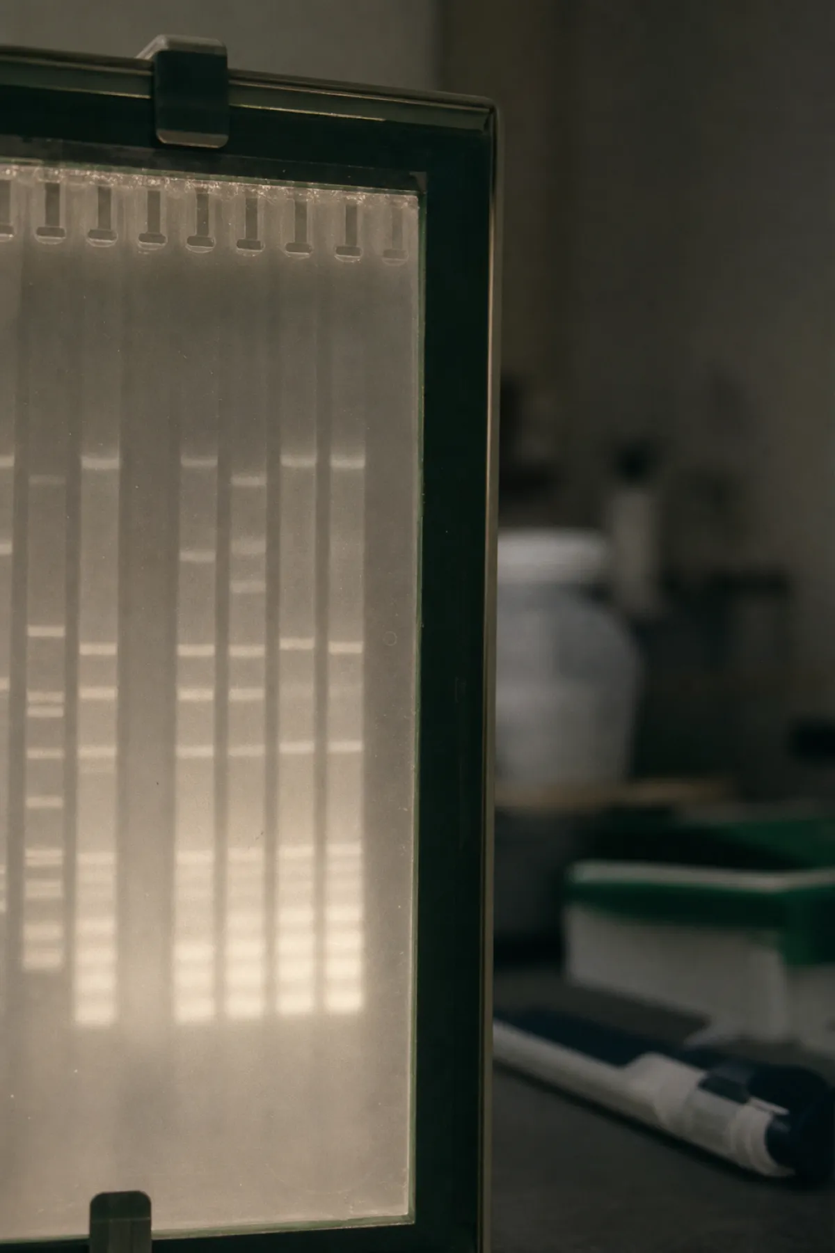 Electrophoresis gel on a lightbox, coverage under geneticist PI insurance