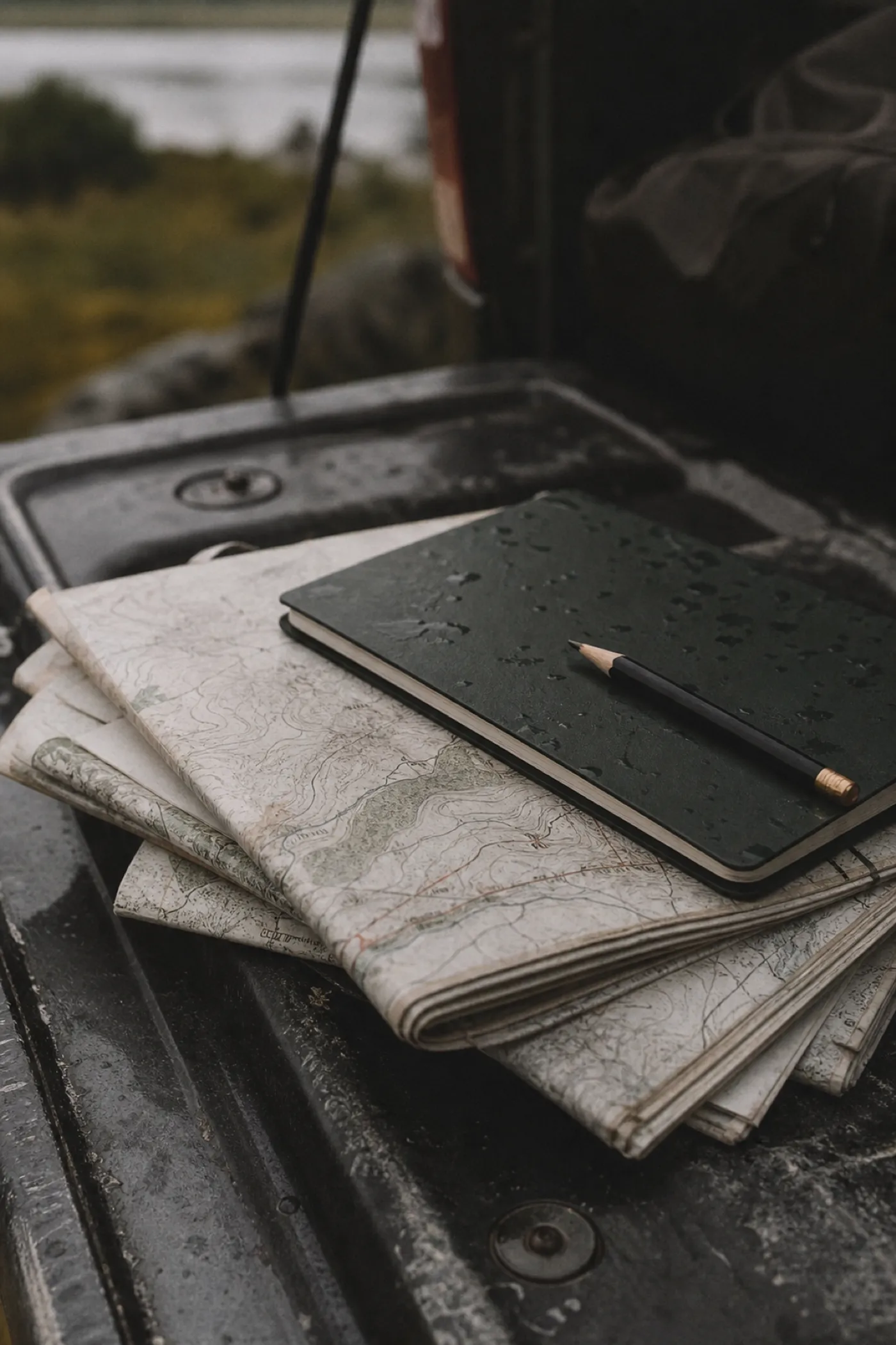 Folded field maps and notebook on a tailgate, coverage under geographer PI insurance