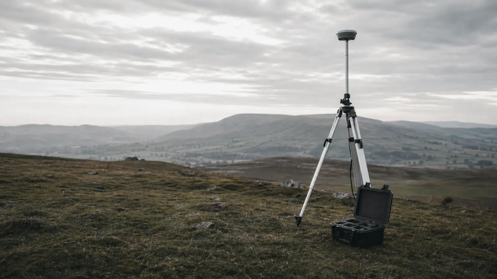 GNSS receiver on a tripod in open country, geographer professional indemnity insurance