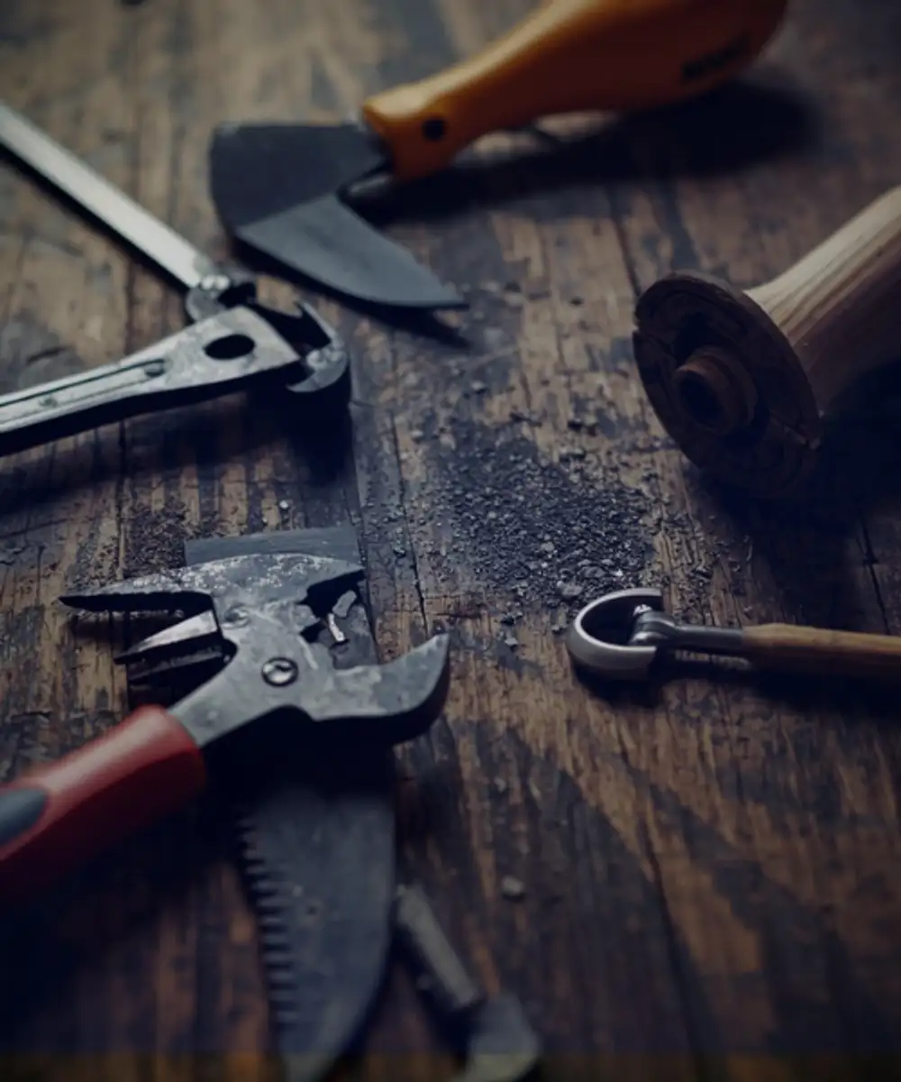 Professional handyman tools including pliers, adjustable wrench, screwdriver and chisel arranged on a wooden workbench