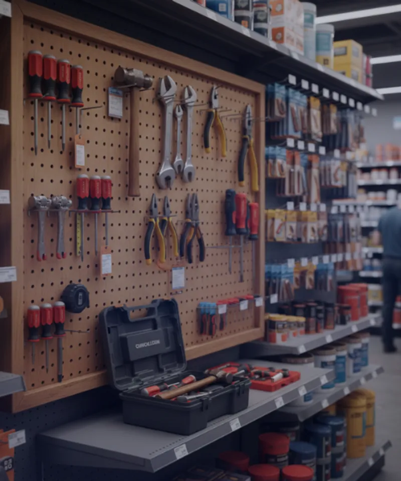 Hardware store pegboard display featuring hand tools including screwdrivers, wrenches, and pliers, representing product liability coverage for tool retailers in Australia